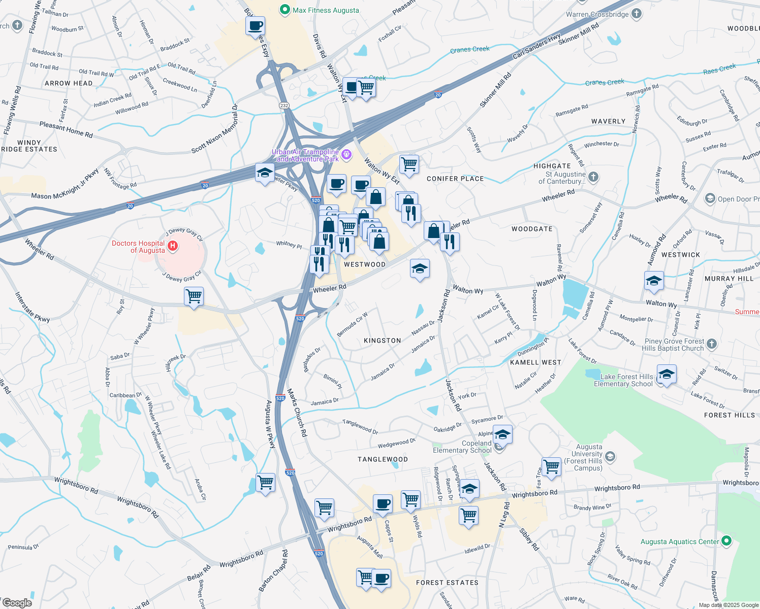 map of restaurants, bars, coffee shops, grocery stores, and more near 1310 Martinique Drive in Augusta
