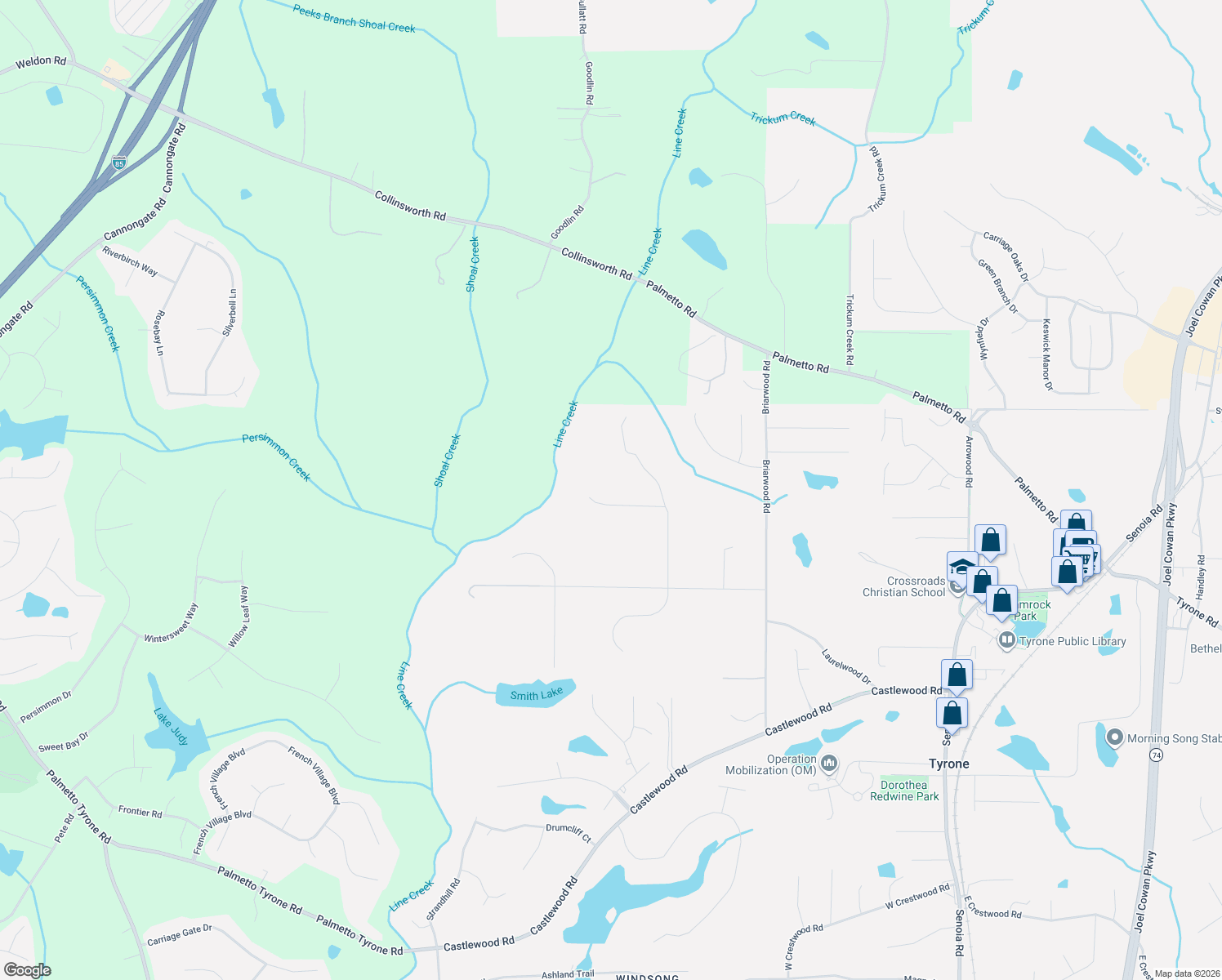 map of restaurants, bars, coffee shops, grocery stores, and more near 235 Ridge Road in Tyrone