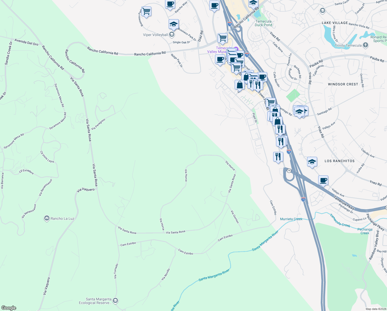 map of restaurants, bars, coffee shops, grocery stores, and more near Camino Gatillo in Temecula