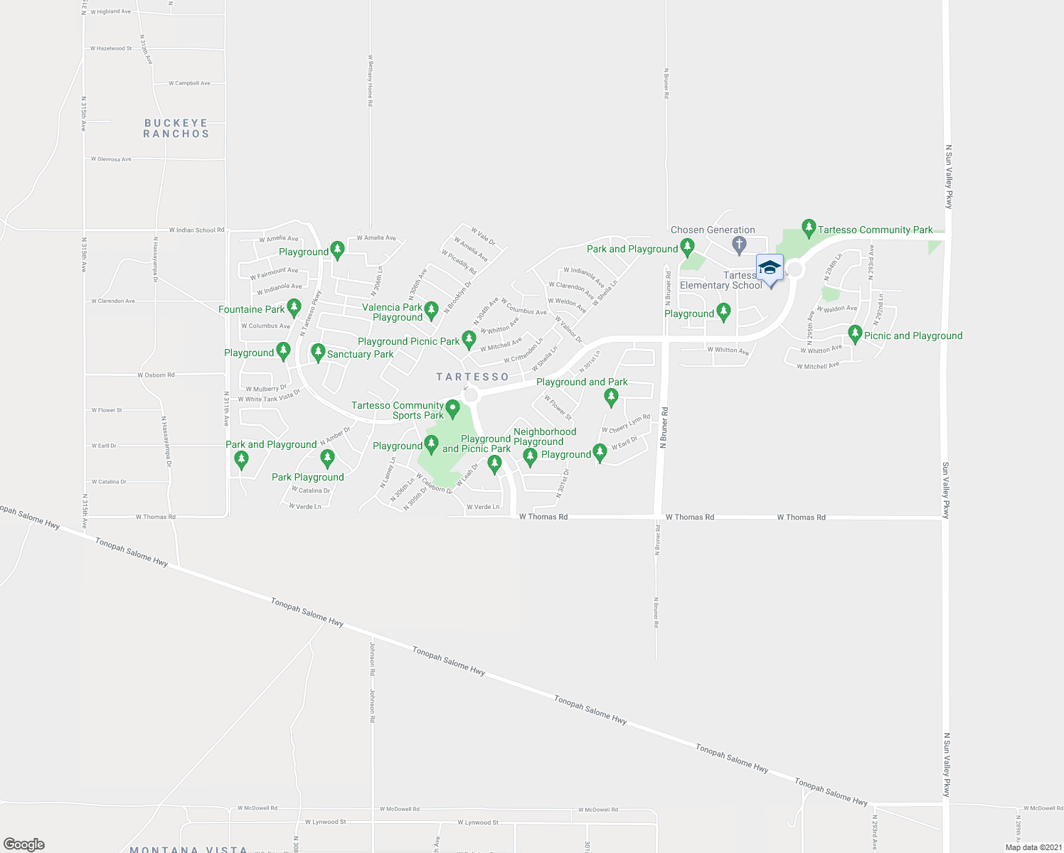 map of restaurants, bars, coffee shops, grocery stores, and more near 30038 West Earll Drive in Buckeye