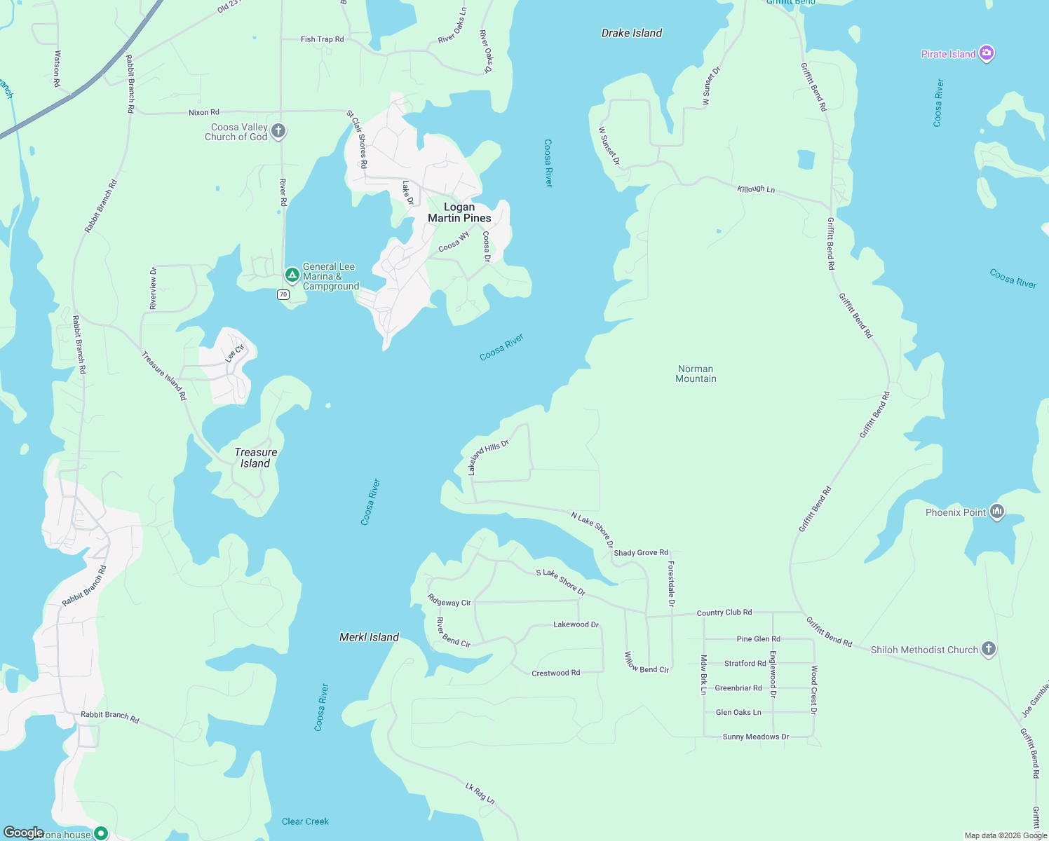 map of restaurants, bars, coffee shops, grocery stores, and more near 15 Honeysuckle Lane in Talladega