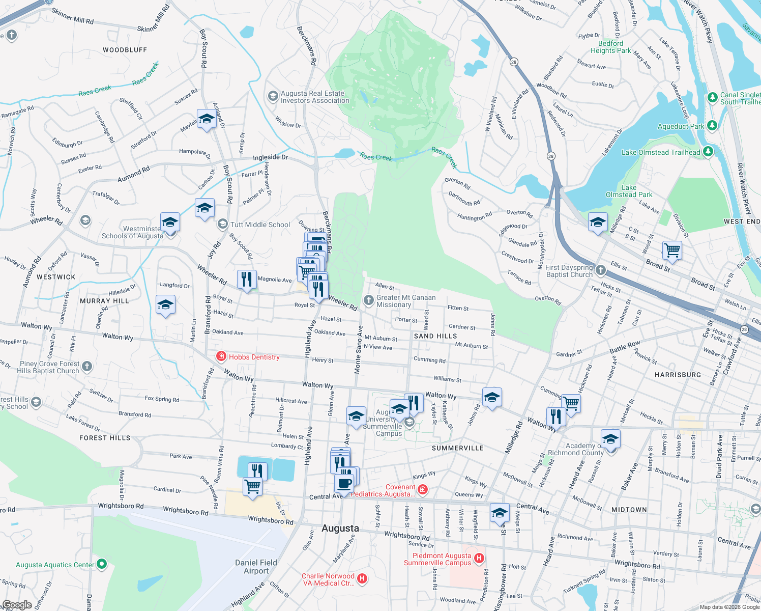 map of restaurants, bars, coffee shops, grocery stores, and more near 528 1st Avenue in Augusta