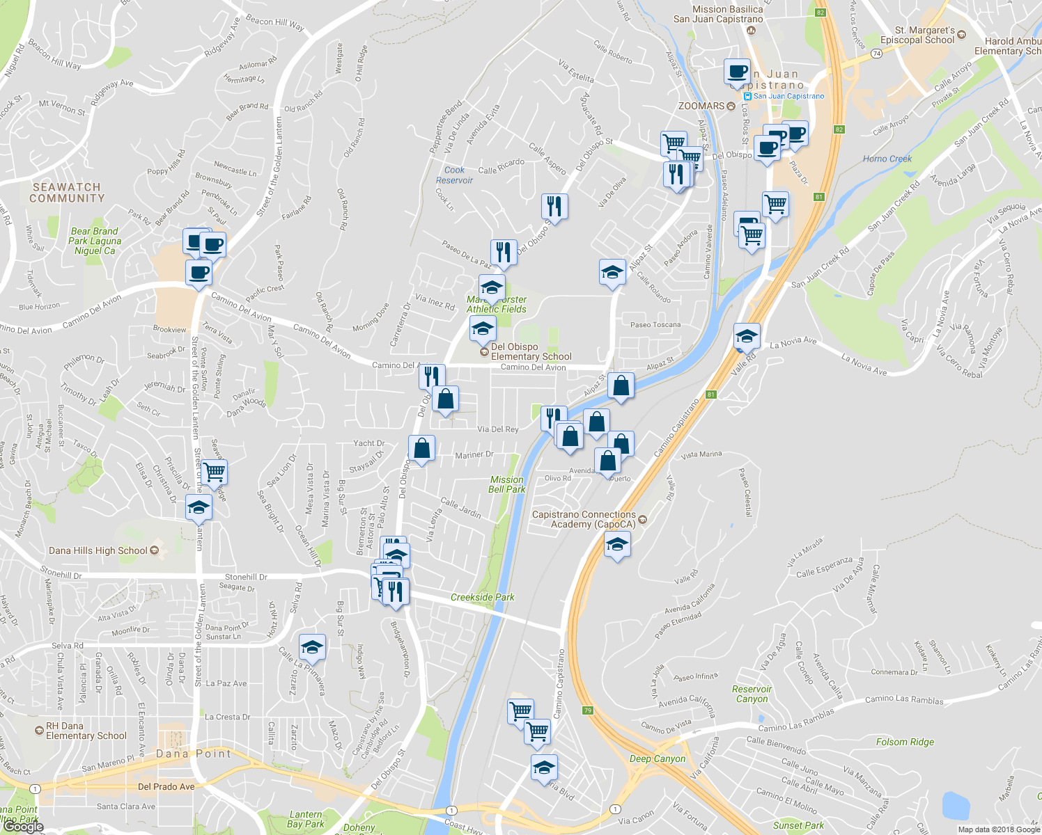map of restaurants, bars, coffee shops, grocery stores, and more near 32946 Calle San Marcos in San Juan Capistrano