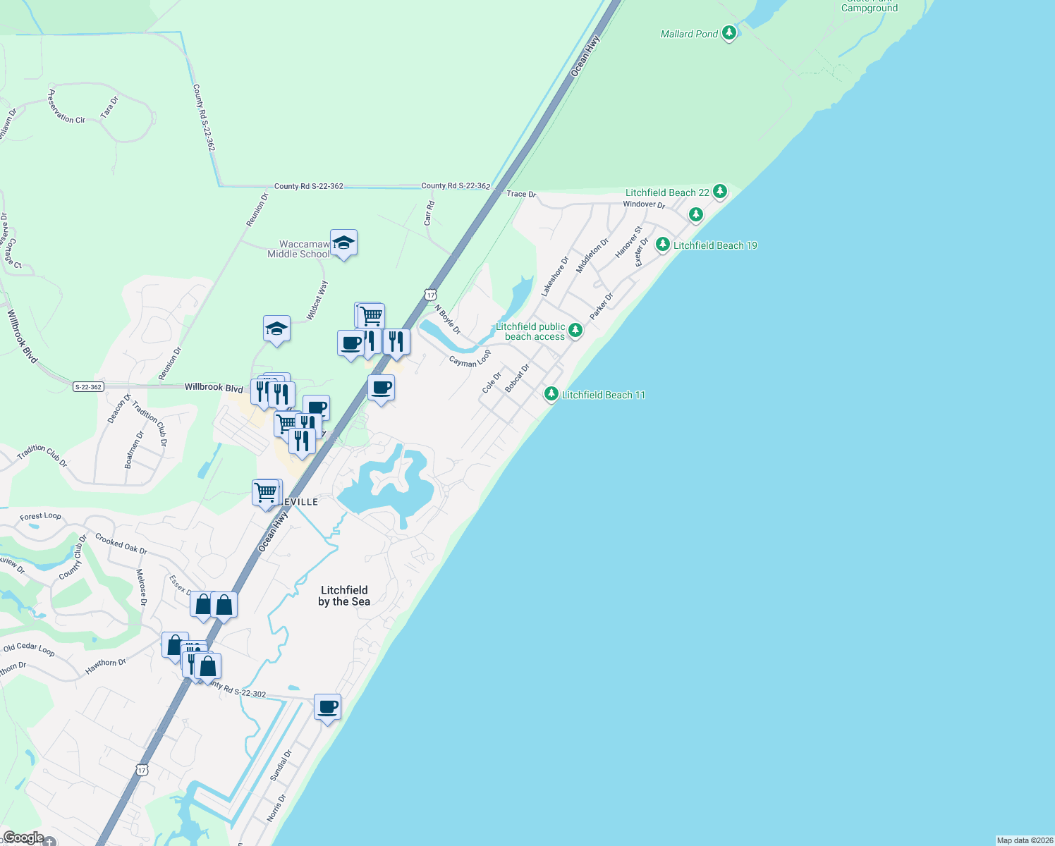 map of restaurants, bars, coffee shops, grocery stores, and more near 198 Parker Drive in Pawleys Island