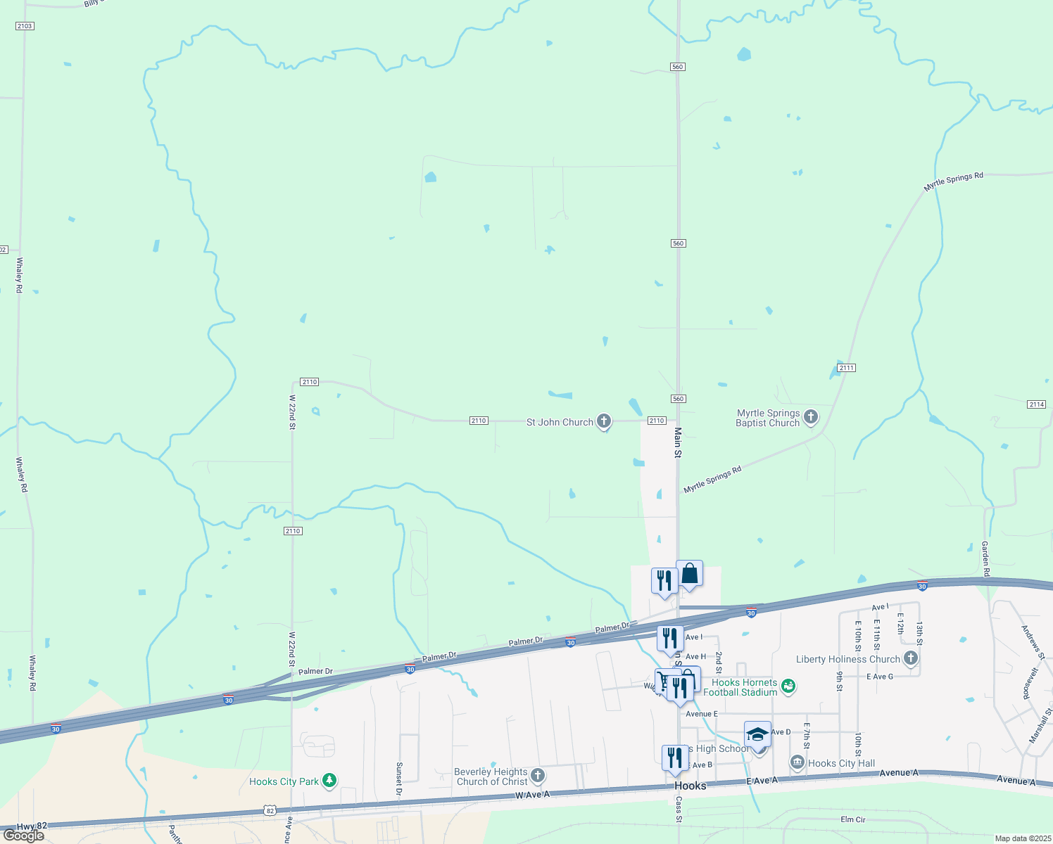 map of restaurants, bars, coffee shops, grocery stores, and more near 2350 County Road 2110 in Hooks