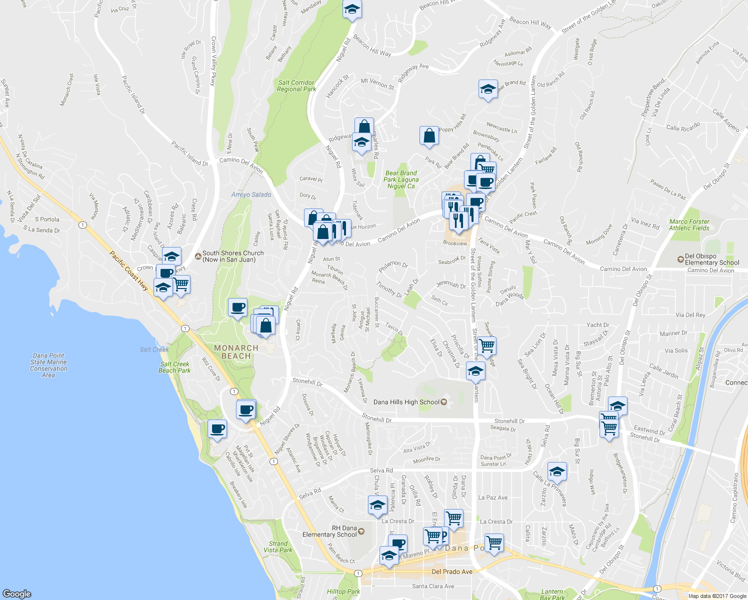 map of restaurants, bars, coffee shops, grocery stores, and more near 32901 Buccaneer Street in Dana Point