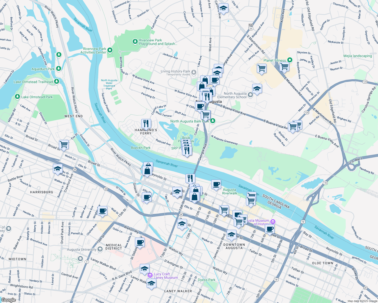 map of restaurants, bars, coffee shops, grocery stores, and more near Center Street in North Augusta