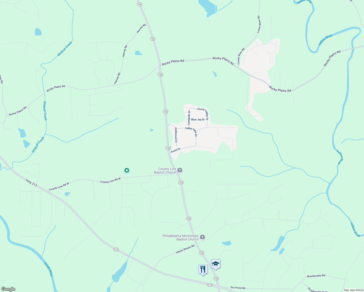 map of restaurants, bars, coffee shops, grocery stores, and more near 45 Avery Drive in Covington