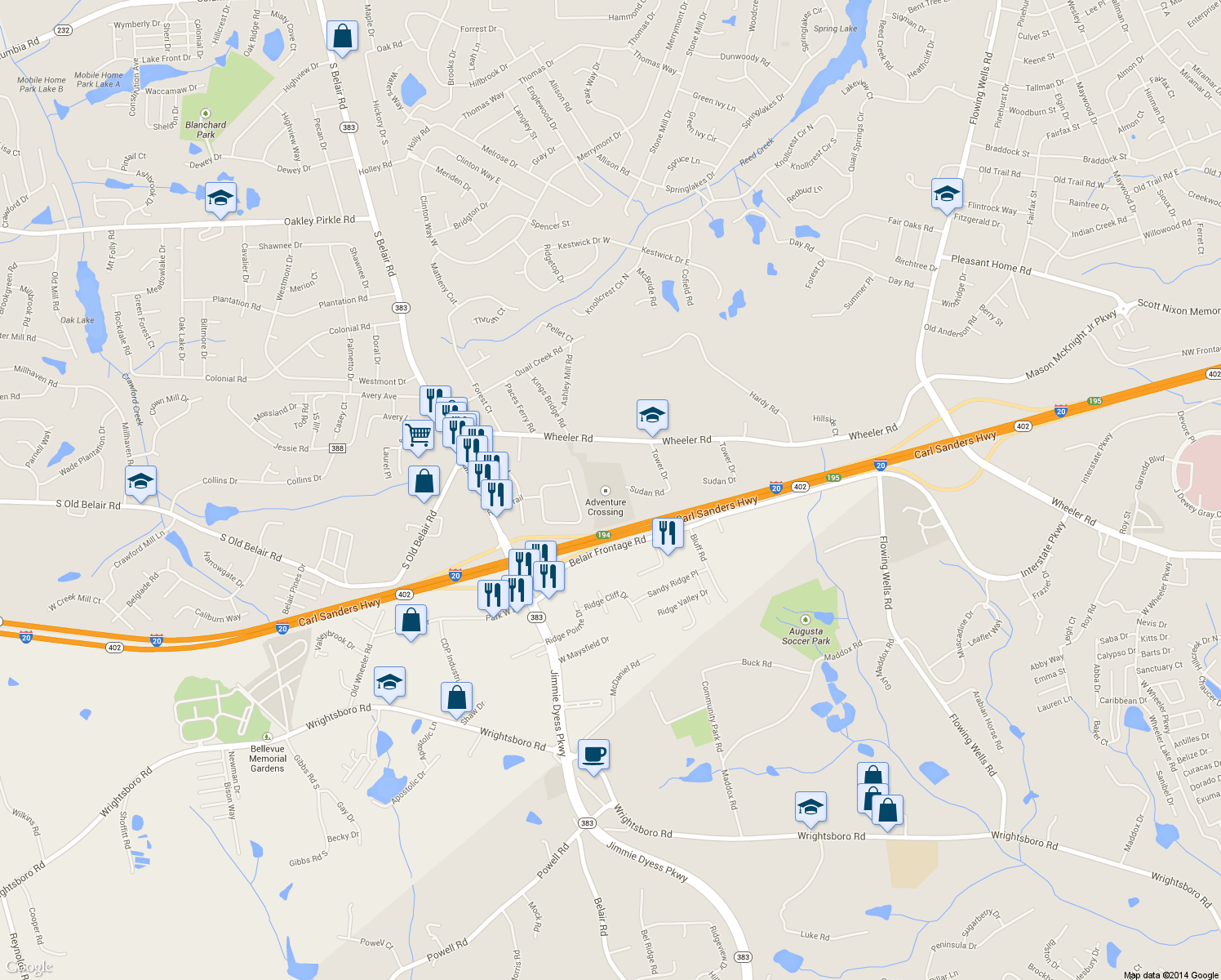 map of restaurants, bars, coffee shops, grocery stores, and more near 4350 Wheeler Rd in Augusta