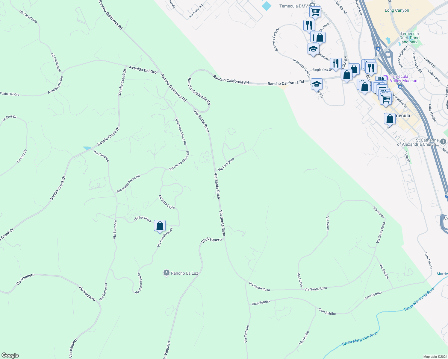 map of restaurants, bars, coffee shops, grocery stores, and more near Vía Santa Rosa in Temecula