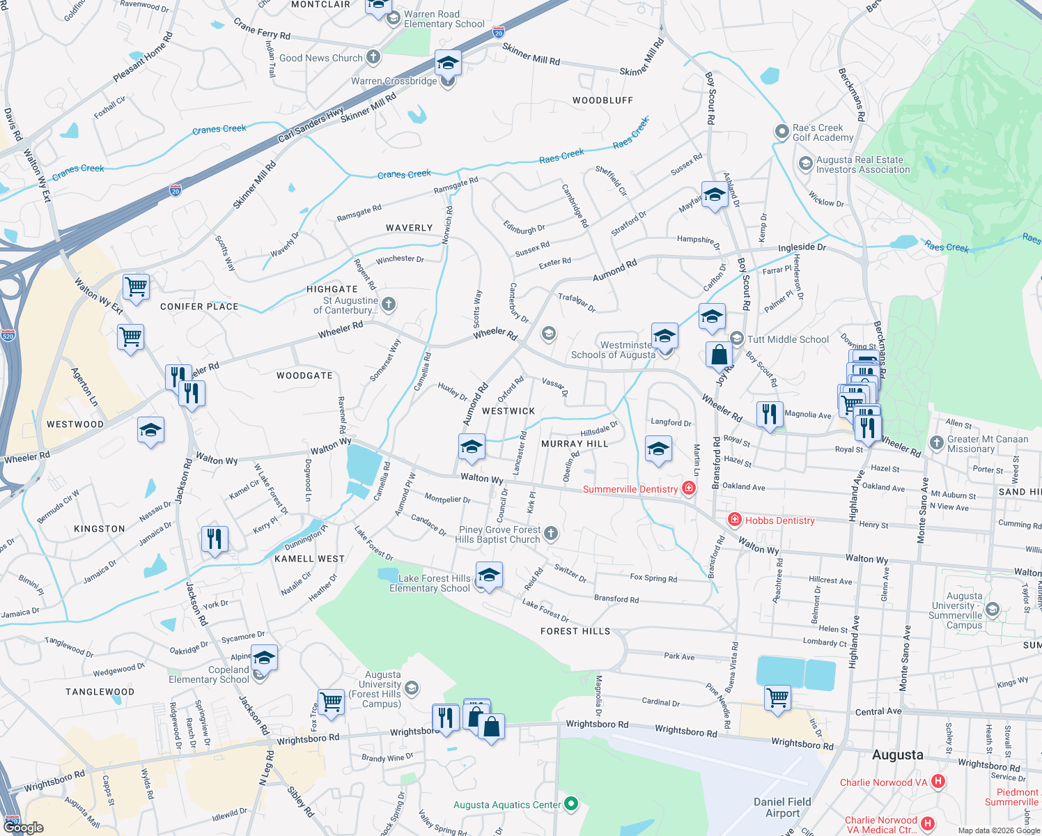 map of restaurants, bars, coffee shops, grocery stores, and more near 753 Lancaster Rd in Augusta