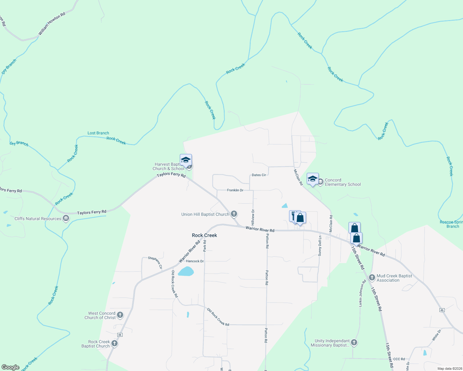 map of restaurants, bars, coffee shops, grocery stores, and more near 7354 Franklin Drive in Bessemer