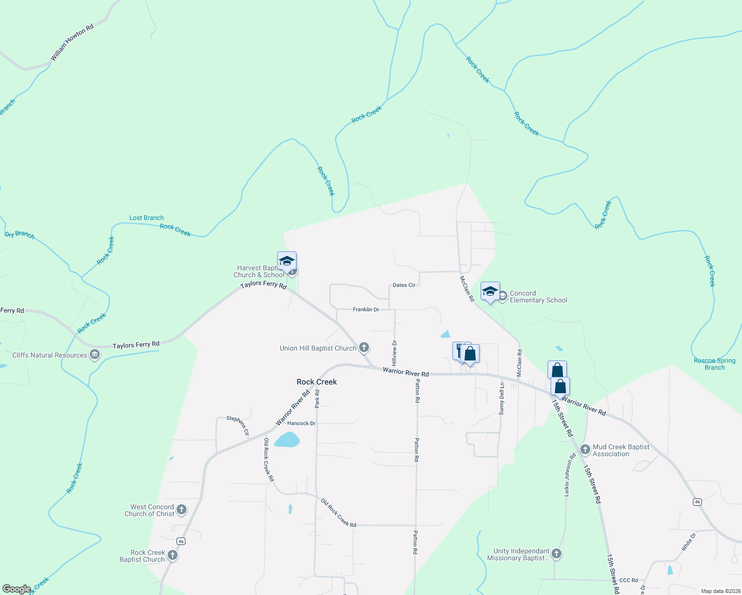 map of restaurants, bars, coffee shops, grocery stores, and more near 7132 Glass Dr in Bessemer