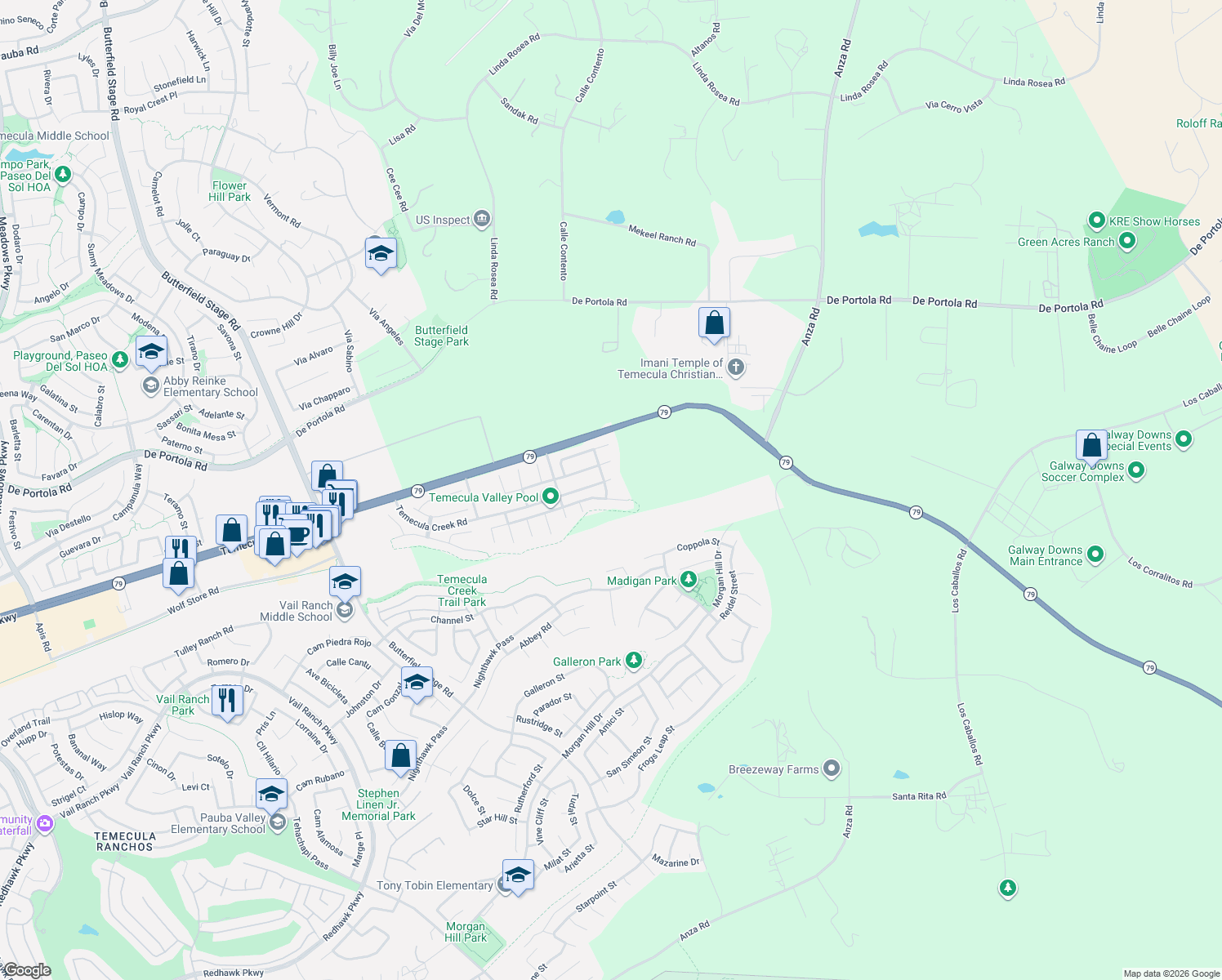 map of restaurants, bars, coffee shops, grocery stores, and more near 34070 Summit View Place in Temecula