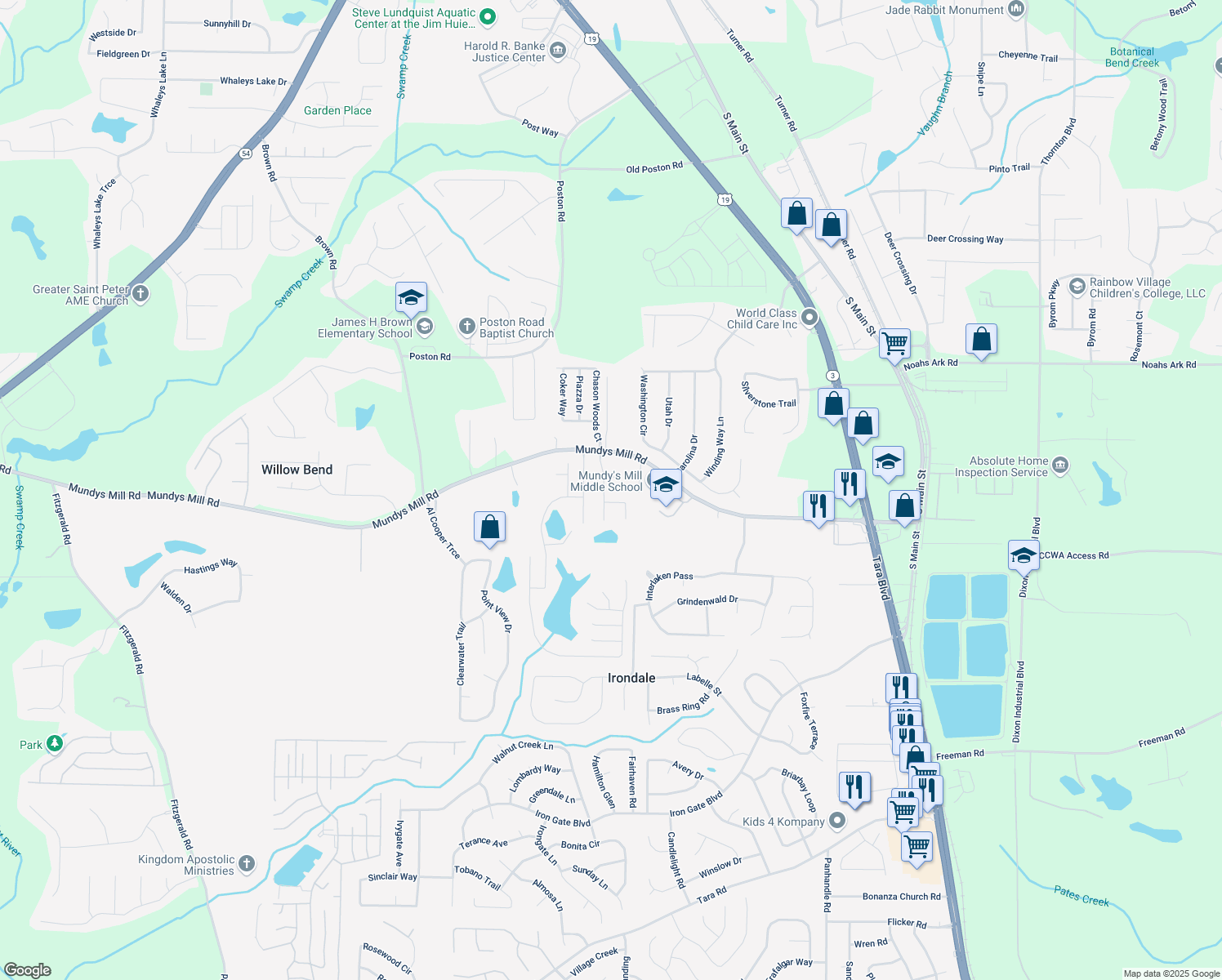 map of restaurants, bars, coffee shops, grocery stores, and more near 9810 Owen Pkwy in Jonesboro