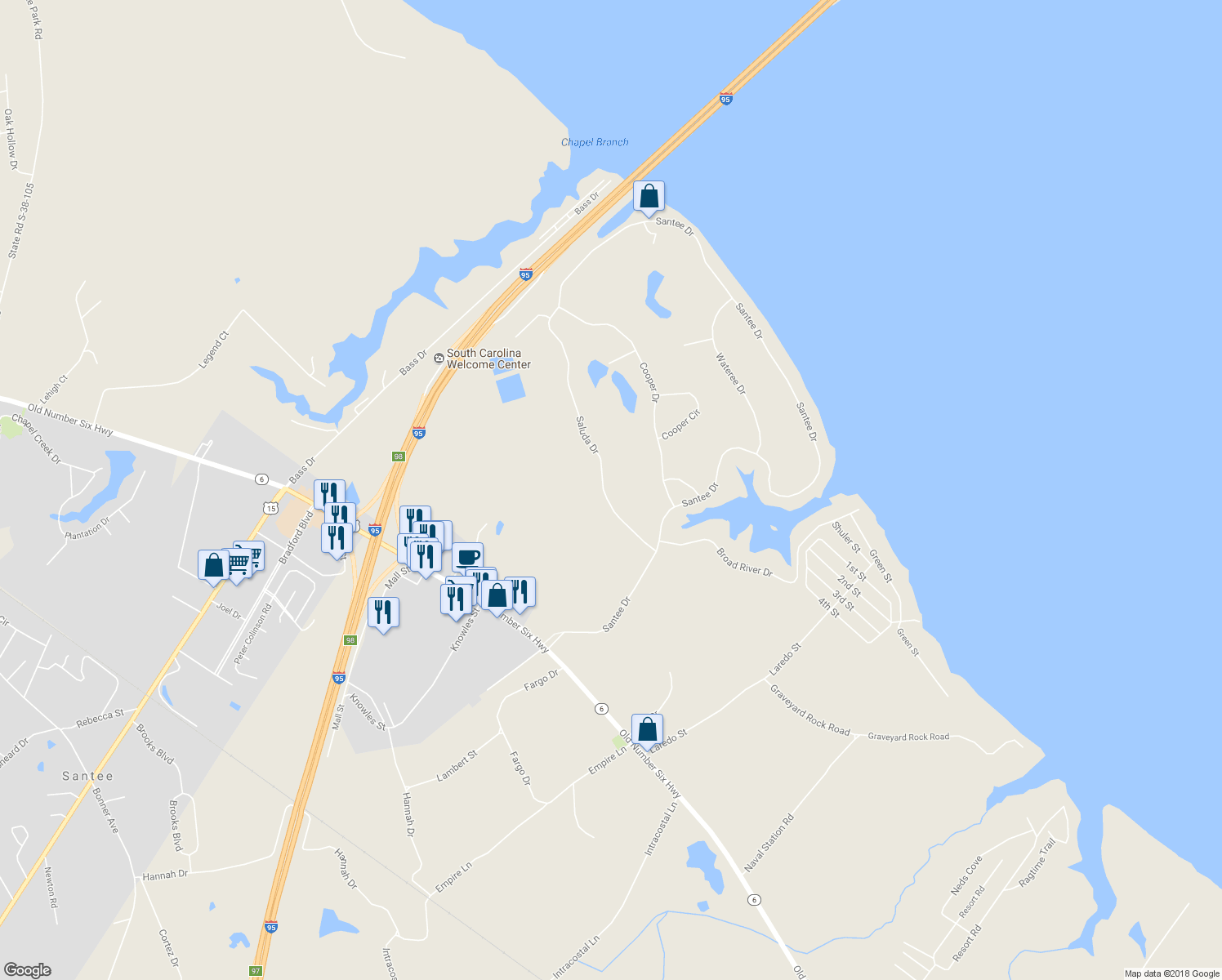 map of restaurants, bars, coffee shops, grocery stores, and more near 107 Saluda Drive in Santee