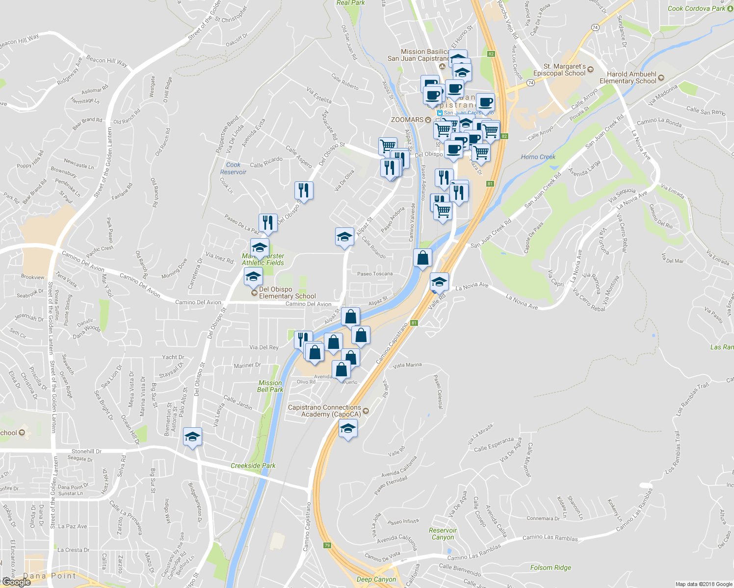 map of restaurants, bars, coffee shops, grocery stores, and more near Alipaz Street in San Juan Capistrano