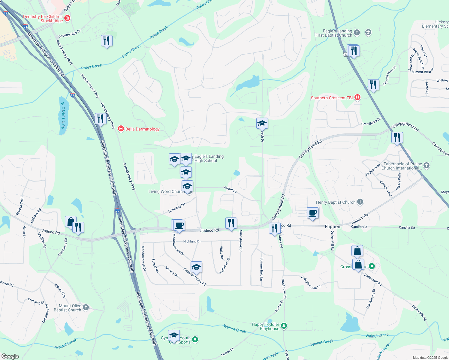 map of restaurants, bars, coffee shops, grocery stores, and more near 133 Harold Drive in McDonough