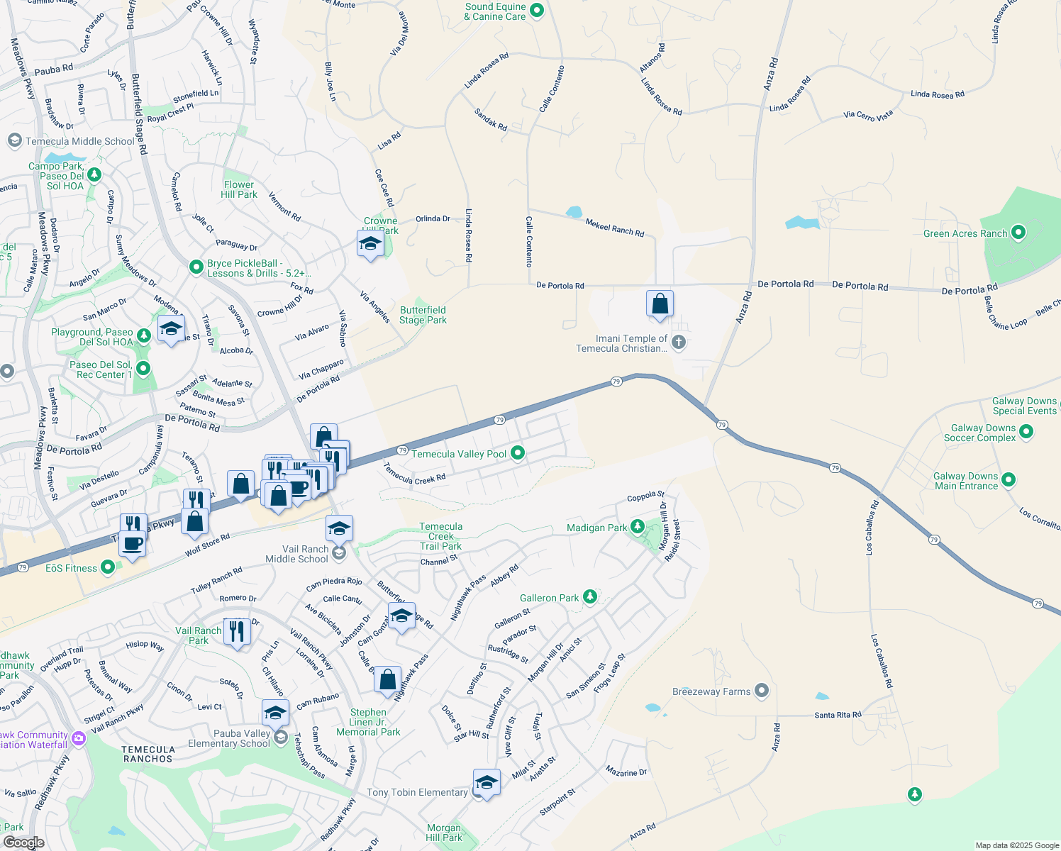 map of restaurants, bars, coffee shops, grocery stores, and more near 33979 Tuscan Creek Way in Temecula