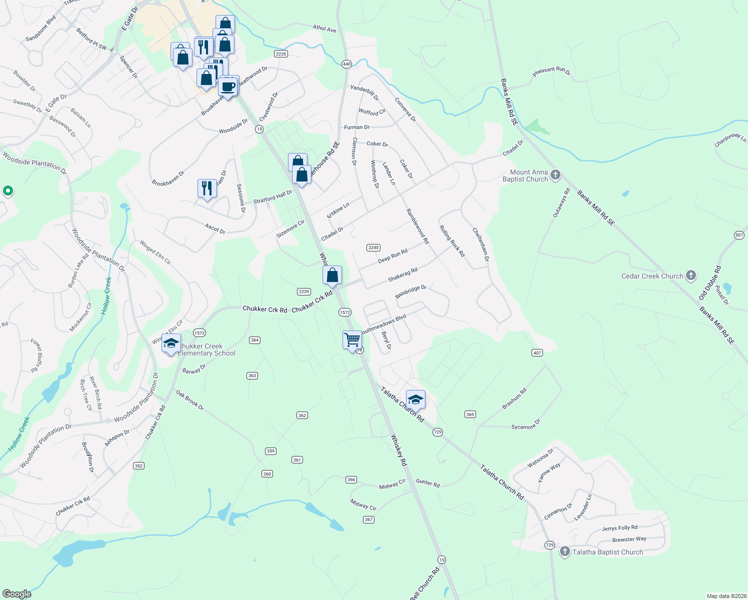map of restaurants, bars, coffee shops, grocery stores, and more near 185 Long Creek Dr in Aiken