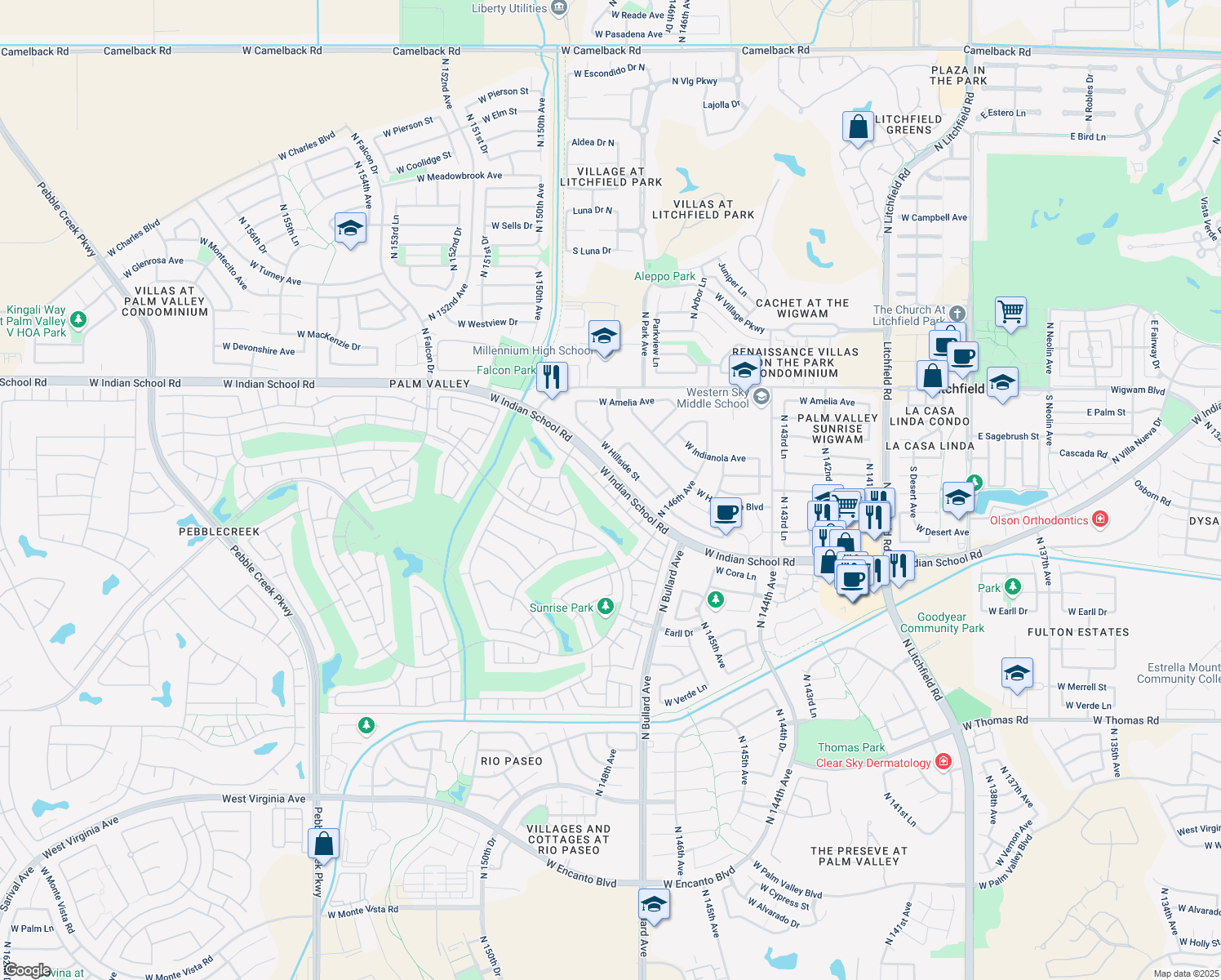 map of restaurants, bars, coffee shops, grocery stores, and more near 14812 West Piccadilly Road in Goodyear