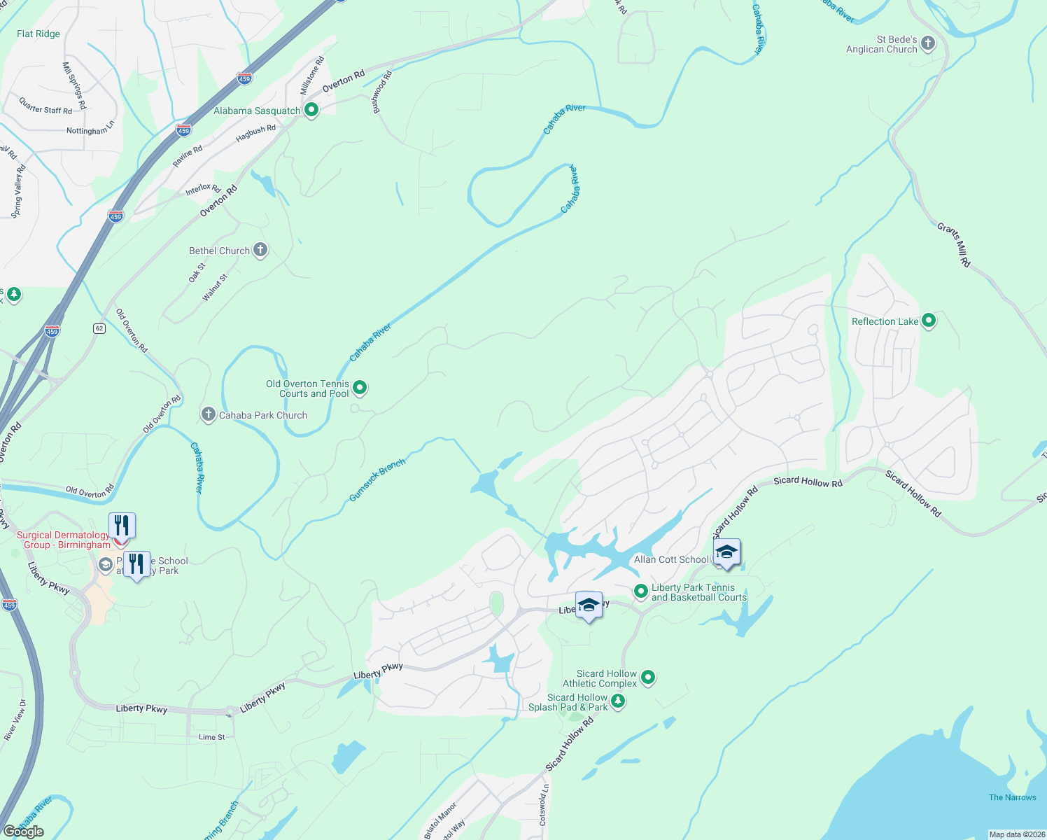 map of restaurants, bars, coffee shops, grocery stores, and more near 7331 Kings Mountain Road in Vestavia Hills