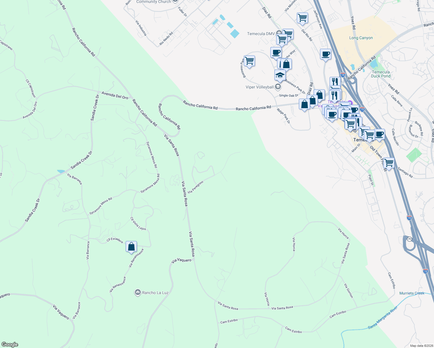 map of restaurants, bars, coffee shops, grocery stores, and more near Vía Peregrino in Temecula