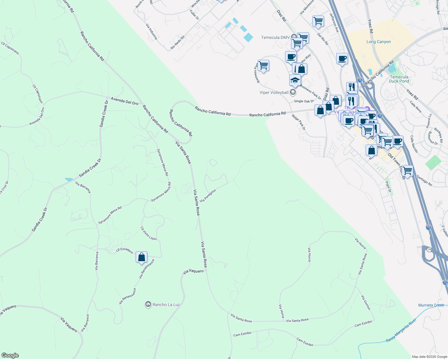 map of restaurants, bars, coffee shops, grocery stores, and more near 27937 Whisper Lane in Temecula