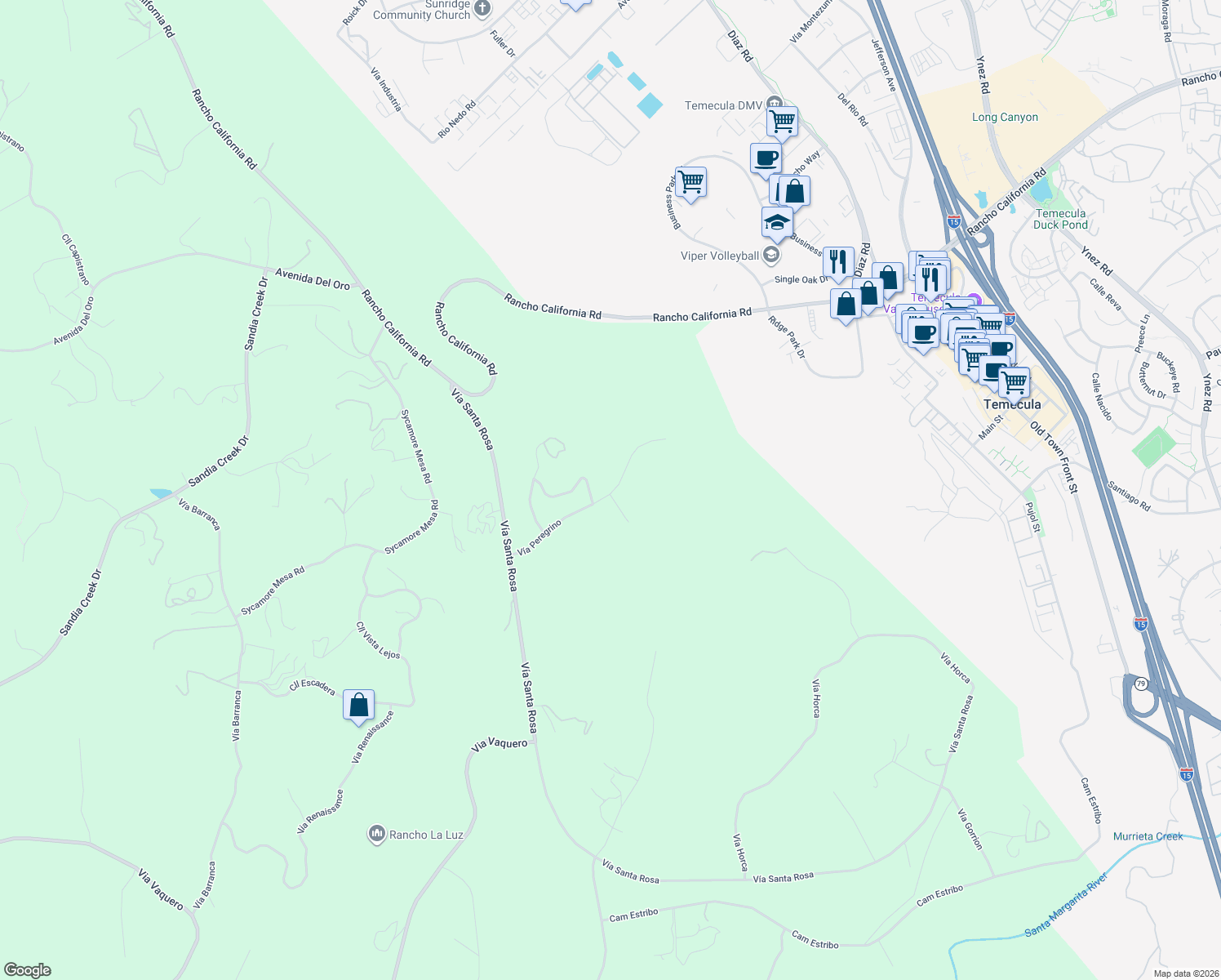 map of restaurants, bars, coffee shops, grocery stores, and more near Vía Peregrino in Temecula