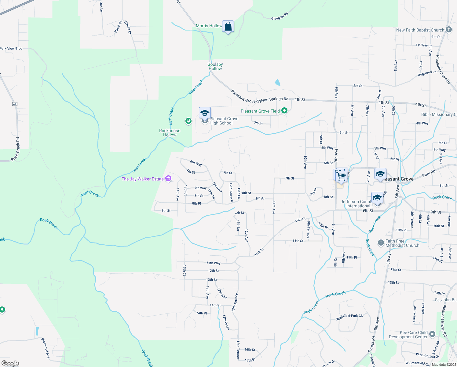 map of restaurants, bars, coffee shops, grocery stores, and more near 722 12th Terrace in Pleasant Grove