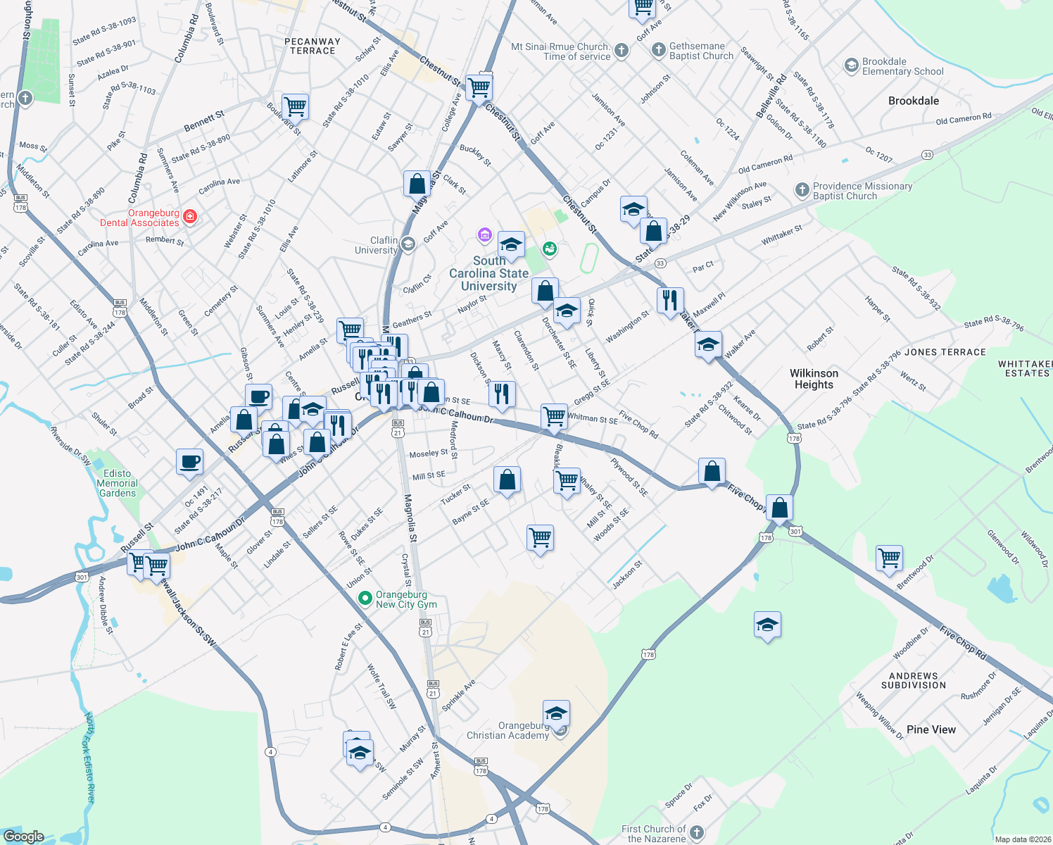 map of restaurants, bars, coffee shops, grocery stores, and more near 468 John C Calhoun Drive in Orangeburg