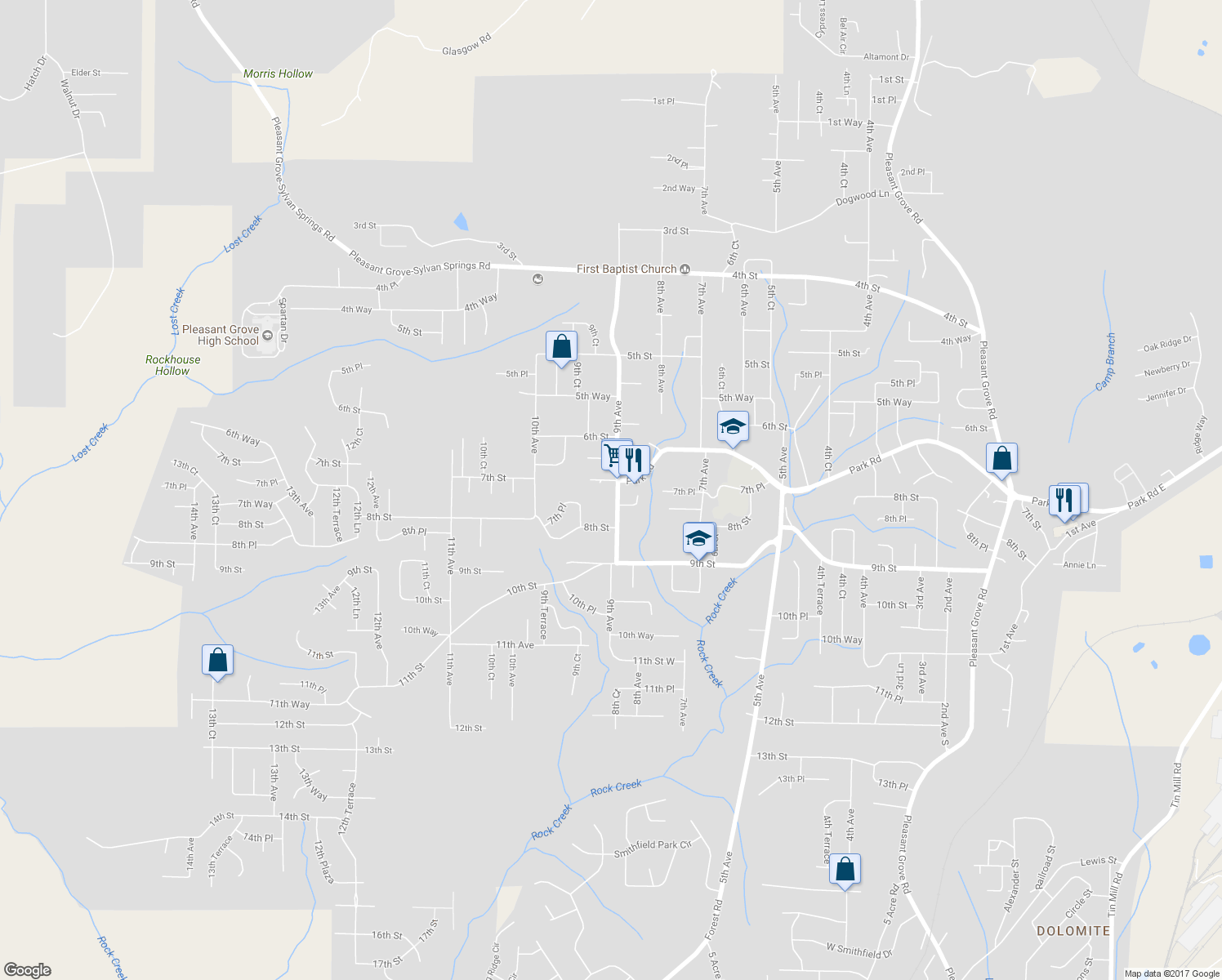 map of restaurants, bars, coffee shops, grocery stores, and more near 712 9th Avenue in Pleasant Grove