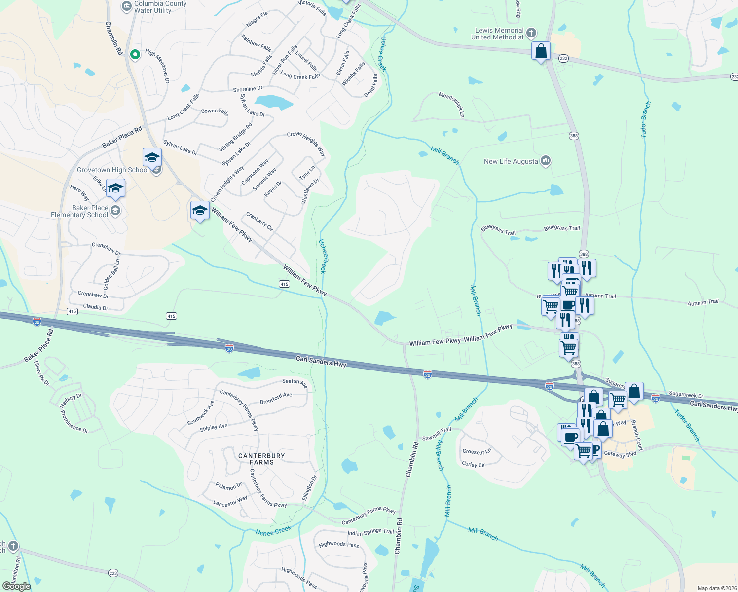 map of restaurants, bars, coffee shops, grocery stores, and more near 708 Herrington Drive in Grovetown