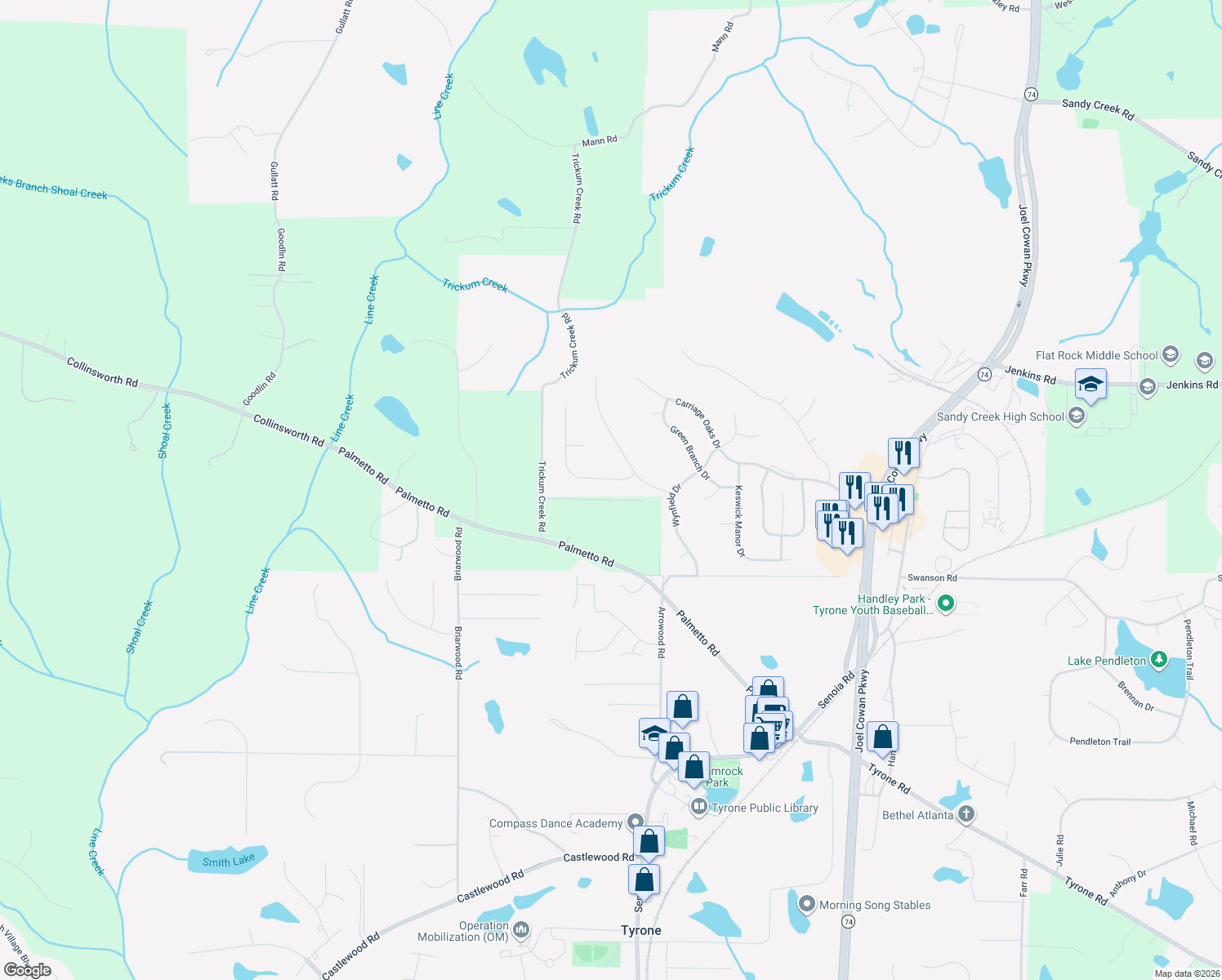 map of restaurants, bars, coffee shops, grocery stores, and more near 206 Chadmore Lane in Tyrone