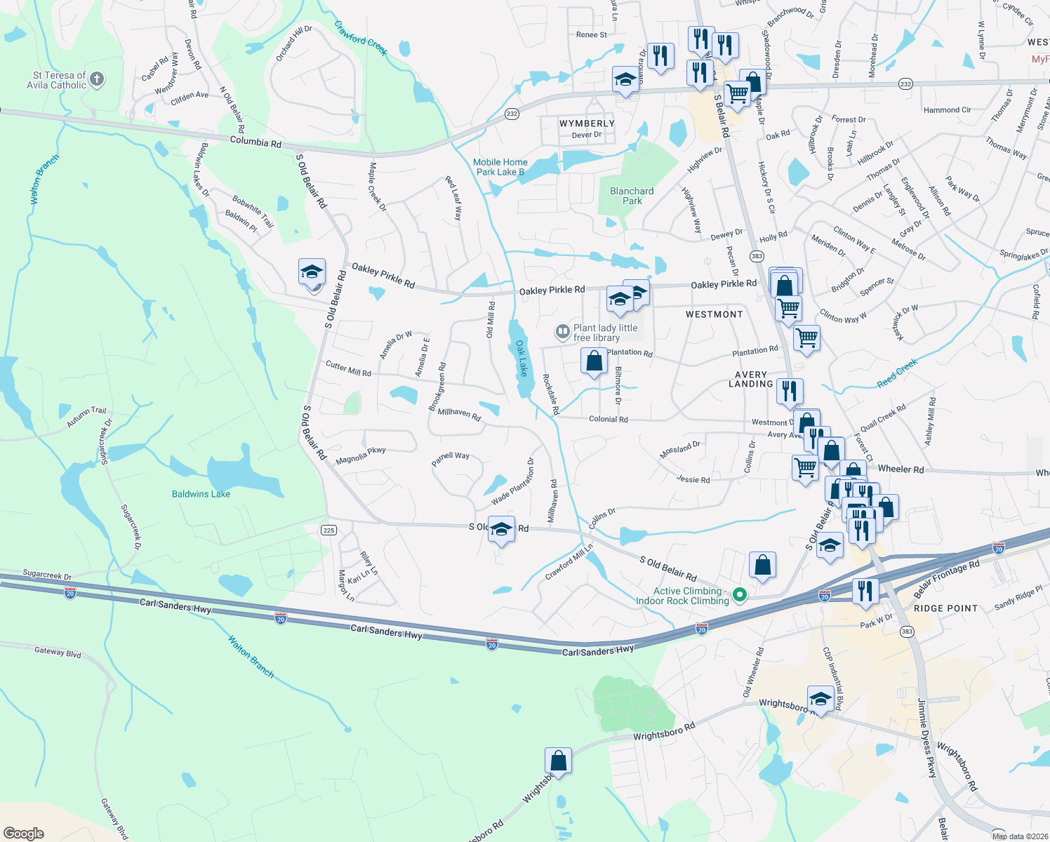 map of restaurants, bars, coffee shops, grocery stores, and more near 4633 Millhaven Road in Martinez