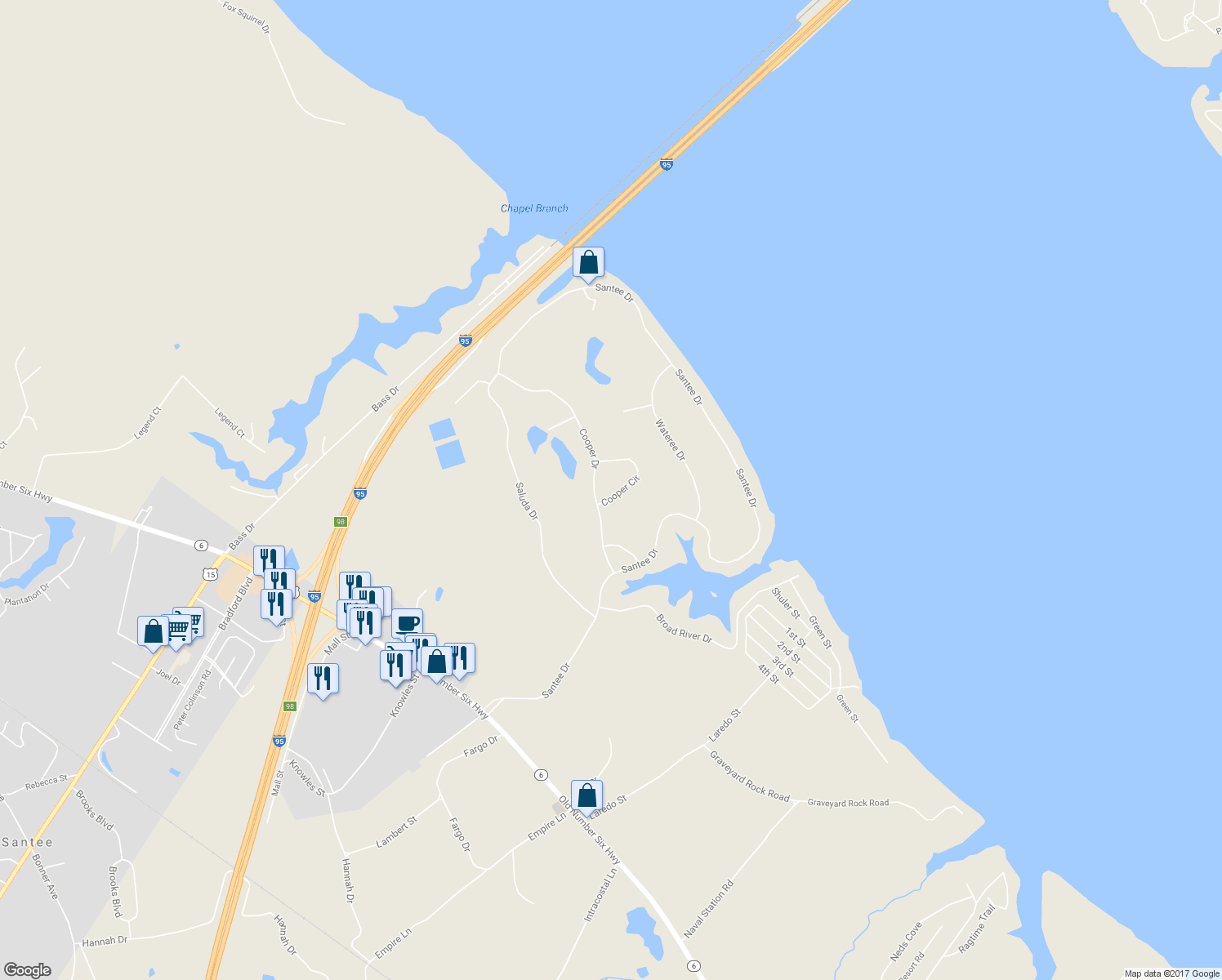 map of restaurants, bars, coffee shops, grocery stores, and more near 104 Cooper Cir in Santee