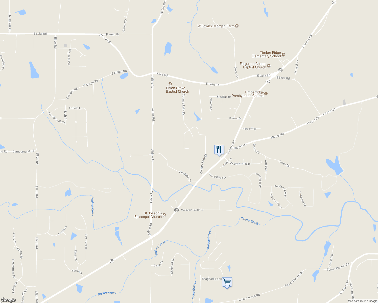 map of restaurants, bars, coffee shops, grocery stores, and more near 801 Country Lake Court in McDonough