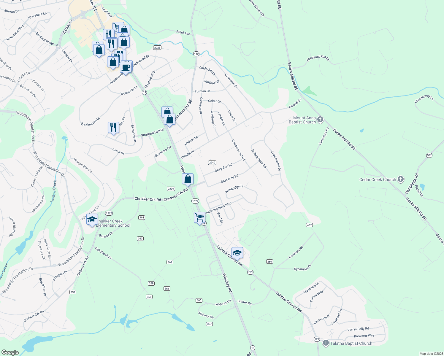 map of restaurants, bars, coffee shops, grocery stores, and more near 310 Shakerag Road in Aiken