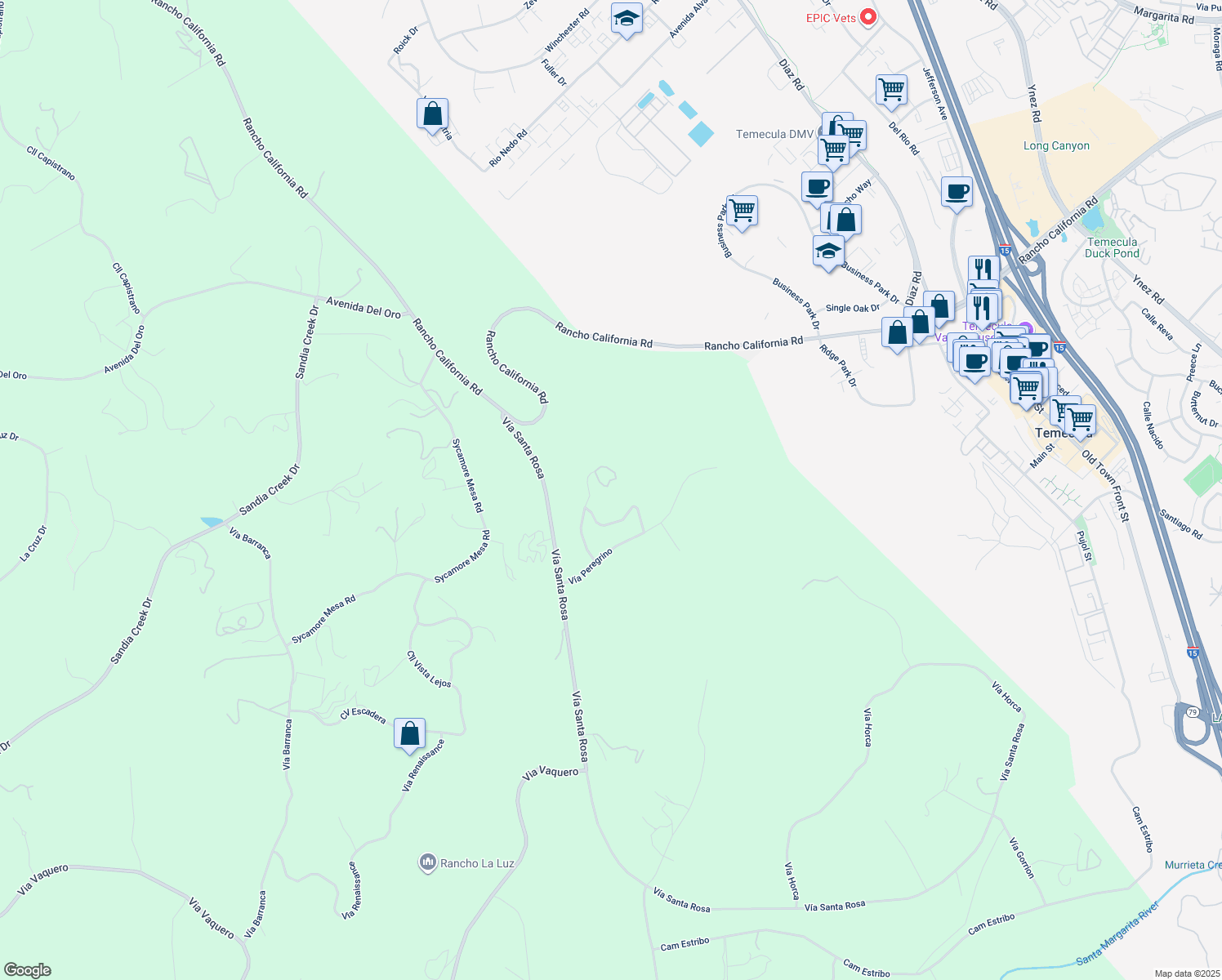 map of restaurants, bars, coffee shops, grocery stores, and more near 43714 Mountain Run Circle in Temecula