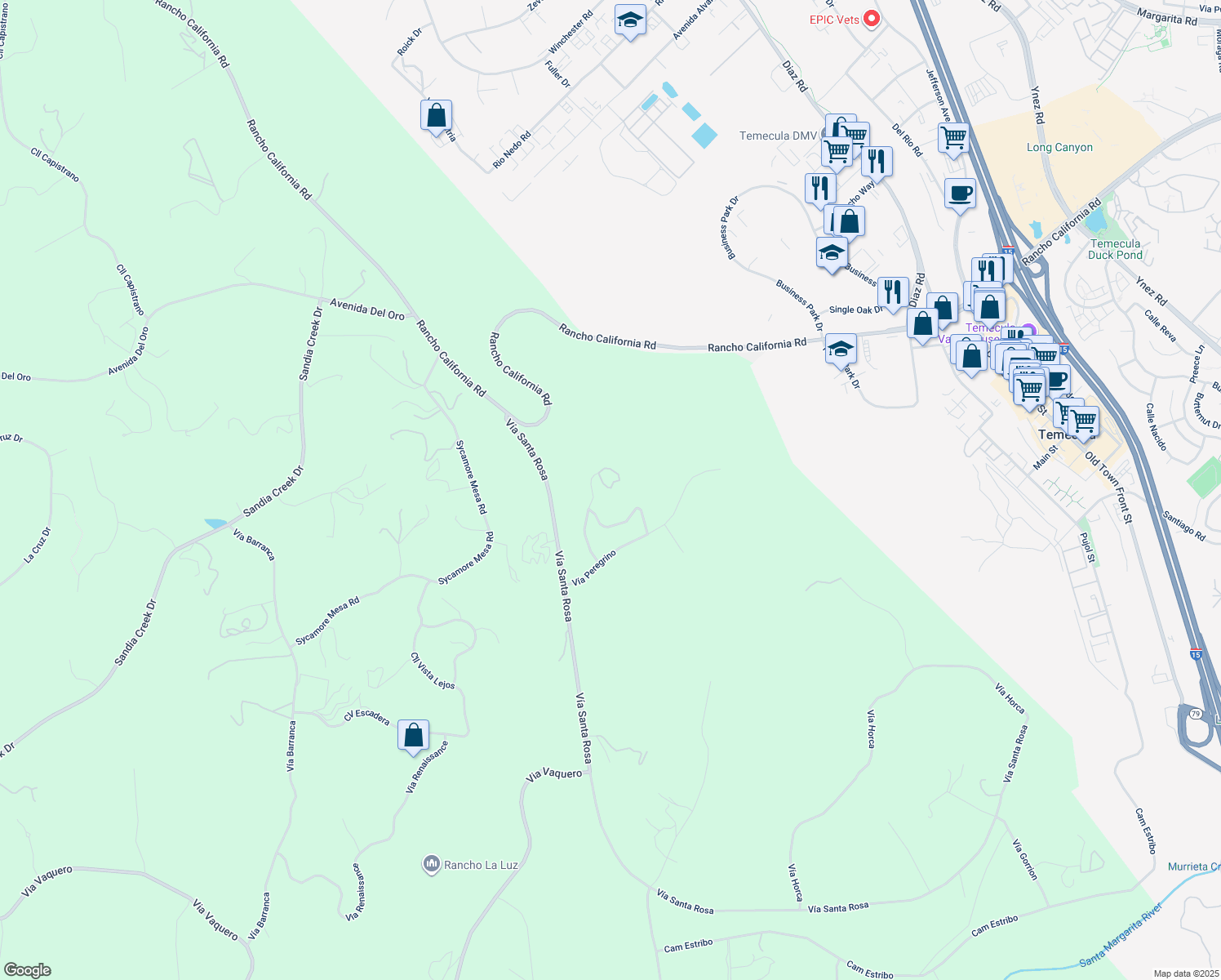 map of restaurants, bars, coffee shops, grocery stores, and more near 43714 Mountain Run Circle in Temecula