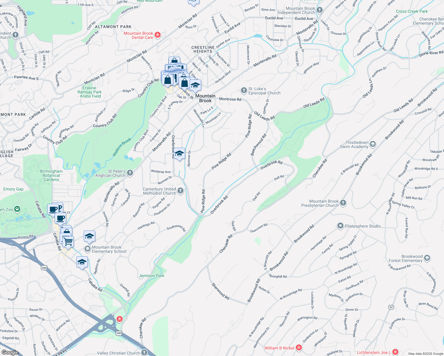 map of restaurants, bars, coffee shops, grocery stores, and more near 3217 Pine Ridge Road in Mountain Brook