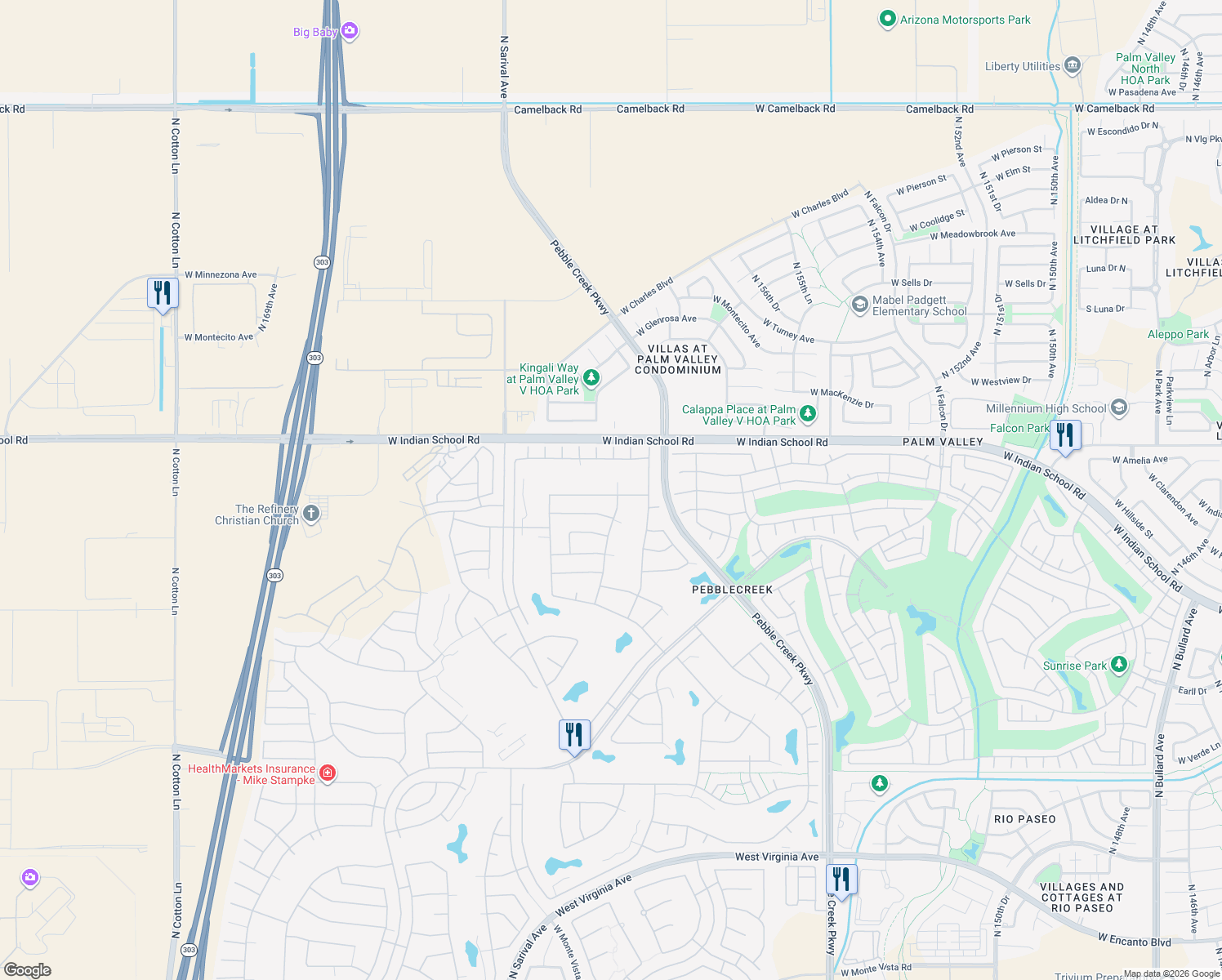 map of restaurants, bars, coffee shops, grocery stores, and more near 16110 West Piccadilly Road in Goodyear