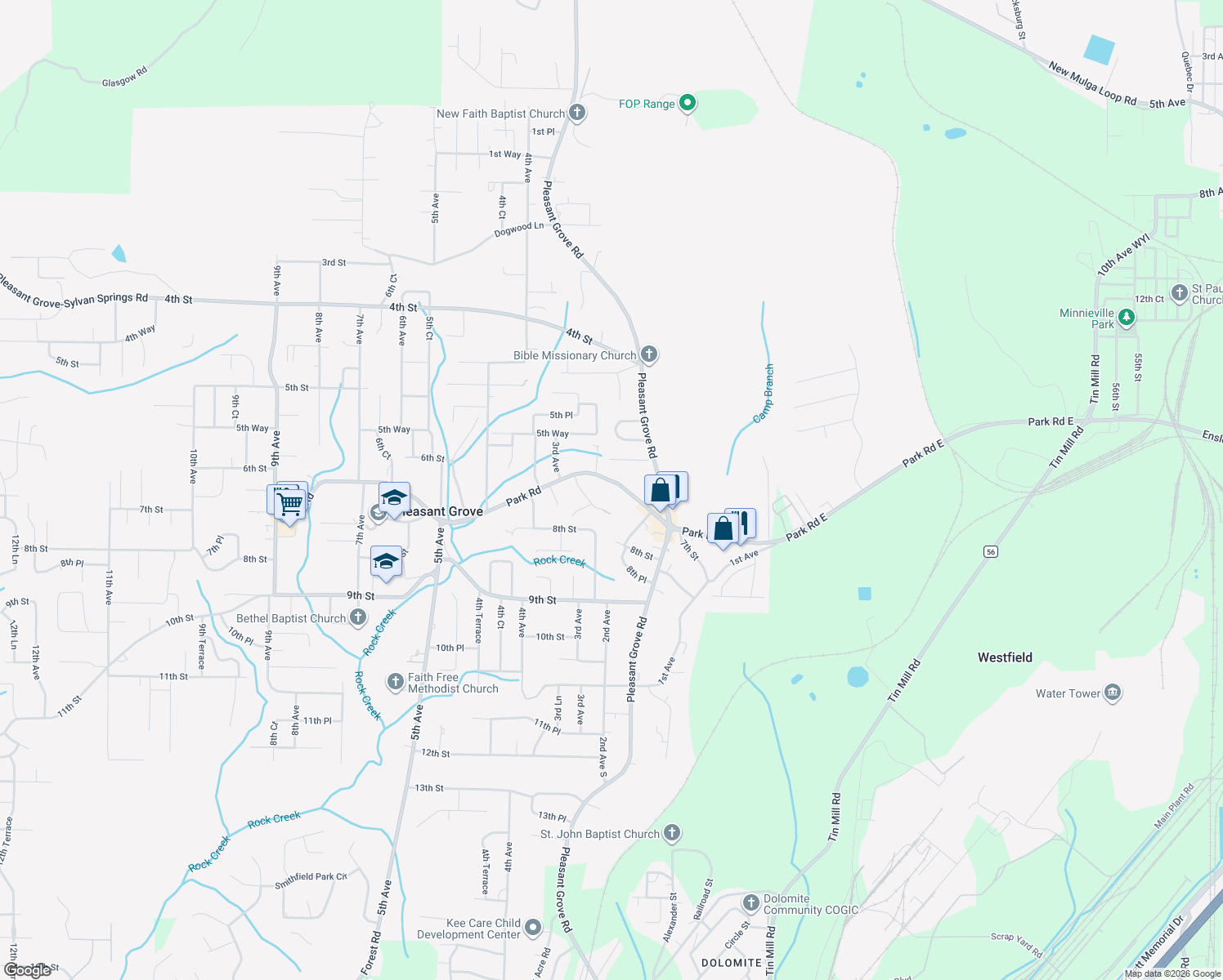 map of restaurants, bars, coffee shops, grocery stores, and more near 159 Park Road in Pleasant Grove