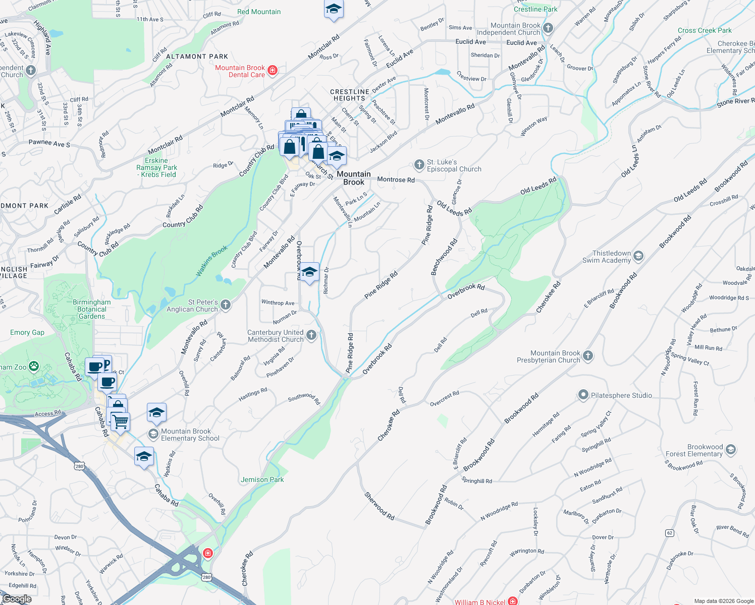 map of restaurants, bars, coffee shops, grocery stores, and more near 3217 Pine Ridge Road in Mountain Brook
