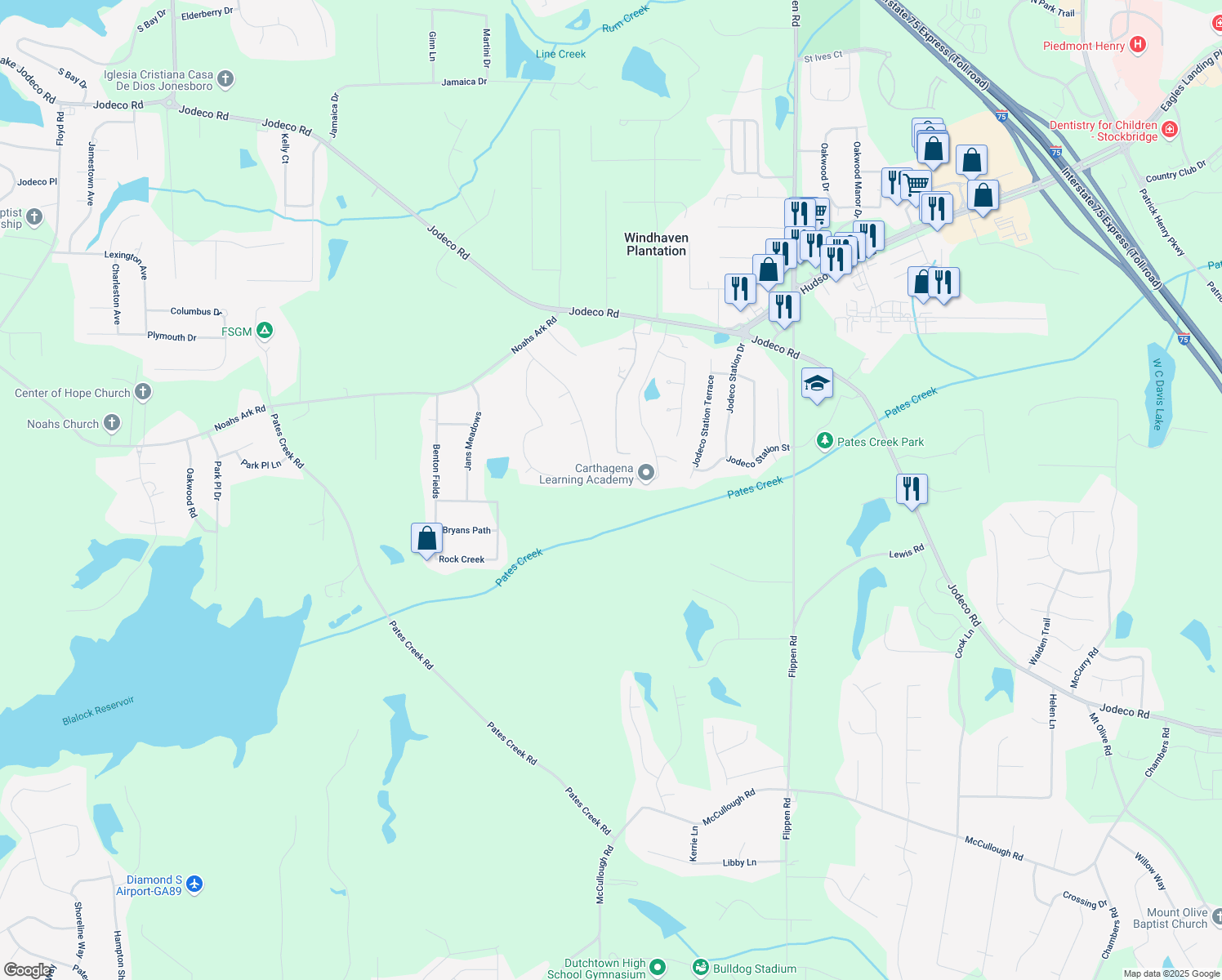 map of restaurants, bars, coffee shops, grocery stores, and more near 179 Summer Leigh Drive in Stockbridge