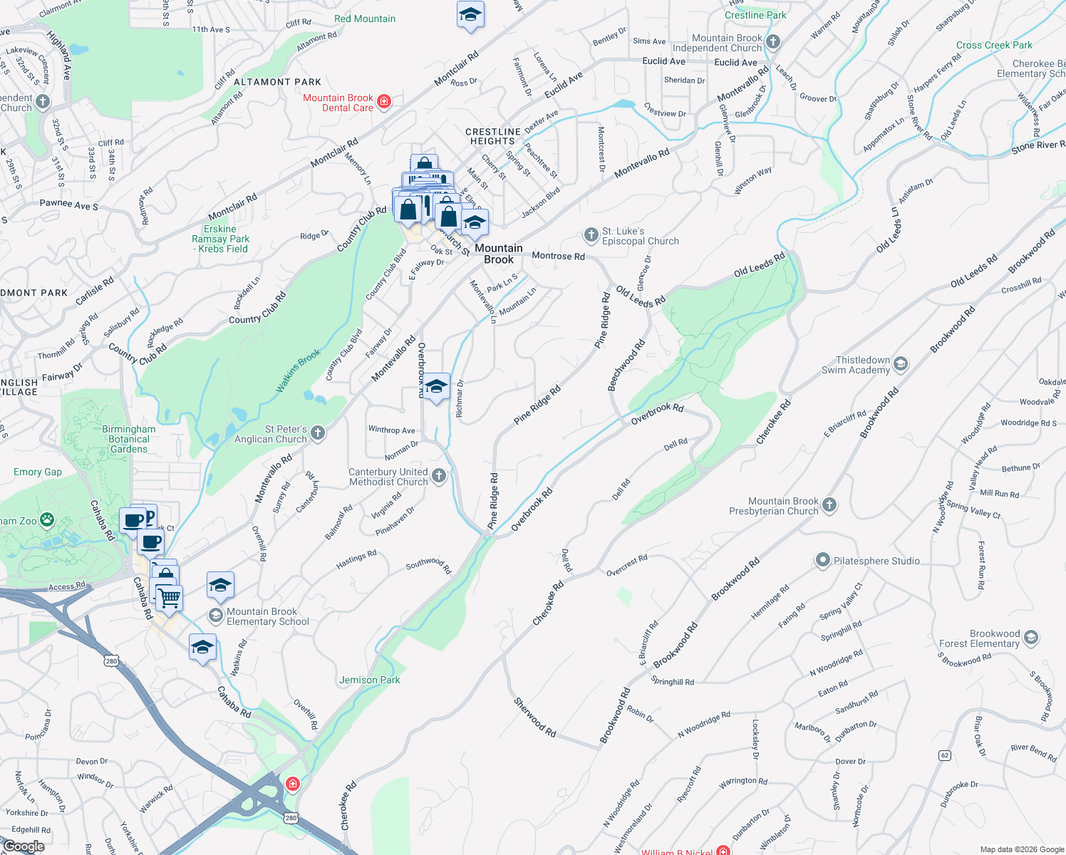 map of restaurants, bars, coffee shops, grocery stores, and more near 3217 Pine Ridge Road in Mountain Brook
