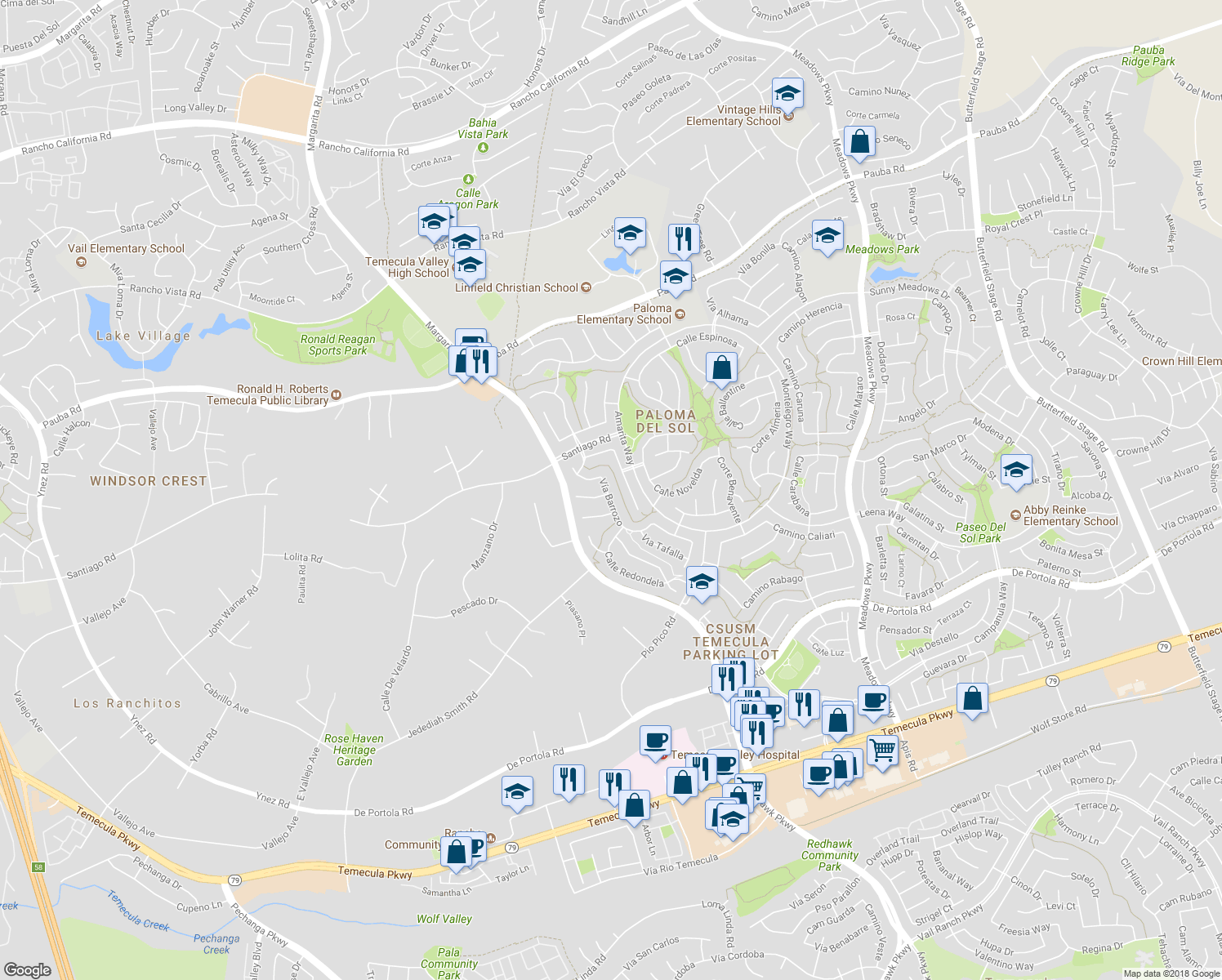 map of restaurants, bars, coffee shops, grocery stores, and more near 43430 Vía Barrozo in Temecula