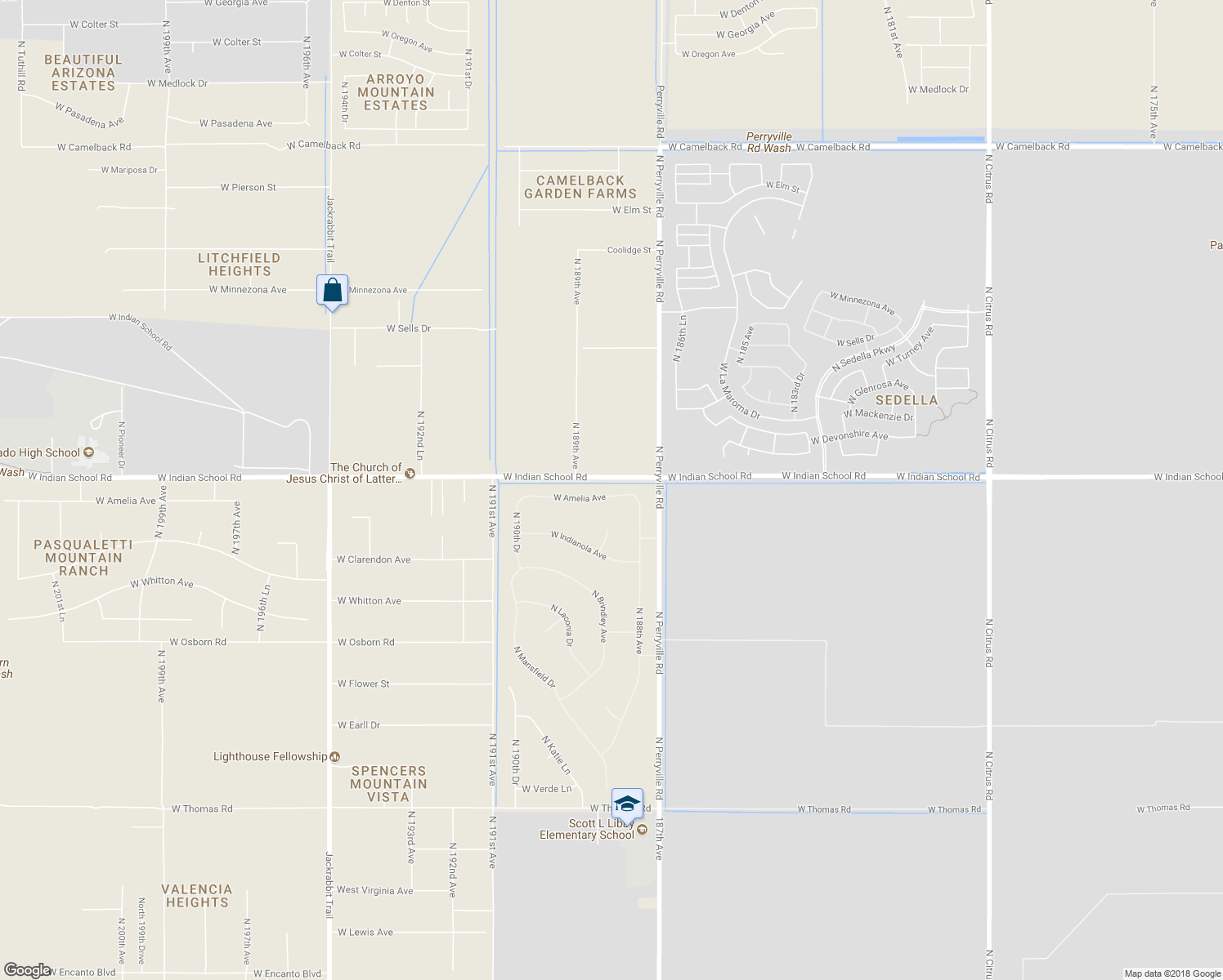 map of restaurants, bars, coffee shops, grocery stores, and more near 18816 West Amelia Avenue in Litchfield Park