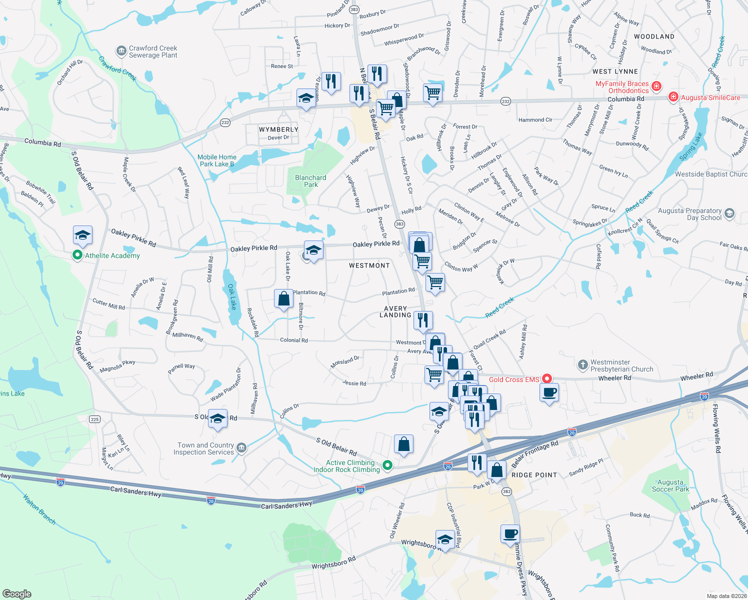 map of restaurants, bars, coffee shops, grocery stores, and more near 4508 Plantation Rd in Augusta
