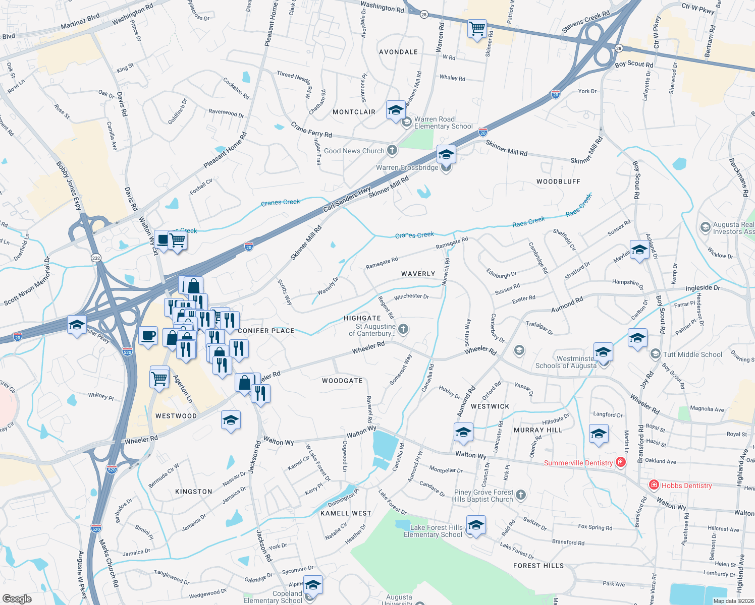 map of restaurants, bars, coffee shops, grocery stores, and more near 605 Regent Rd in Augusta